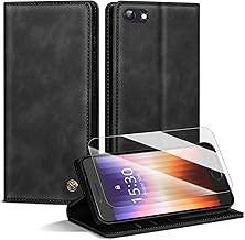 Handyhülle für iPhone SE 3/2(2022/2020) Hülle,Premium Lederhülle für iPhone 8/7 [Mit 1 Stück Panzer Schutz Glas] Magnet Kartenfach Klapphülle Schutzhülle für iPhone SE /8/7,Schwarz