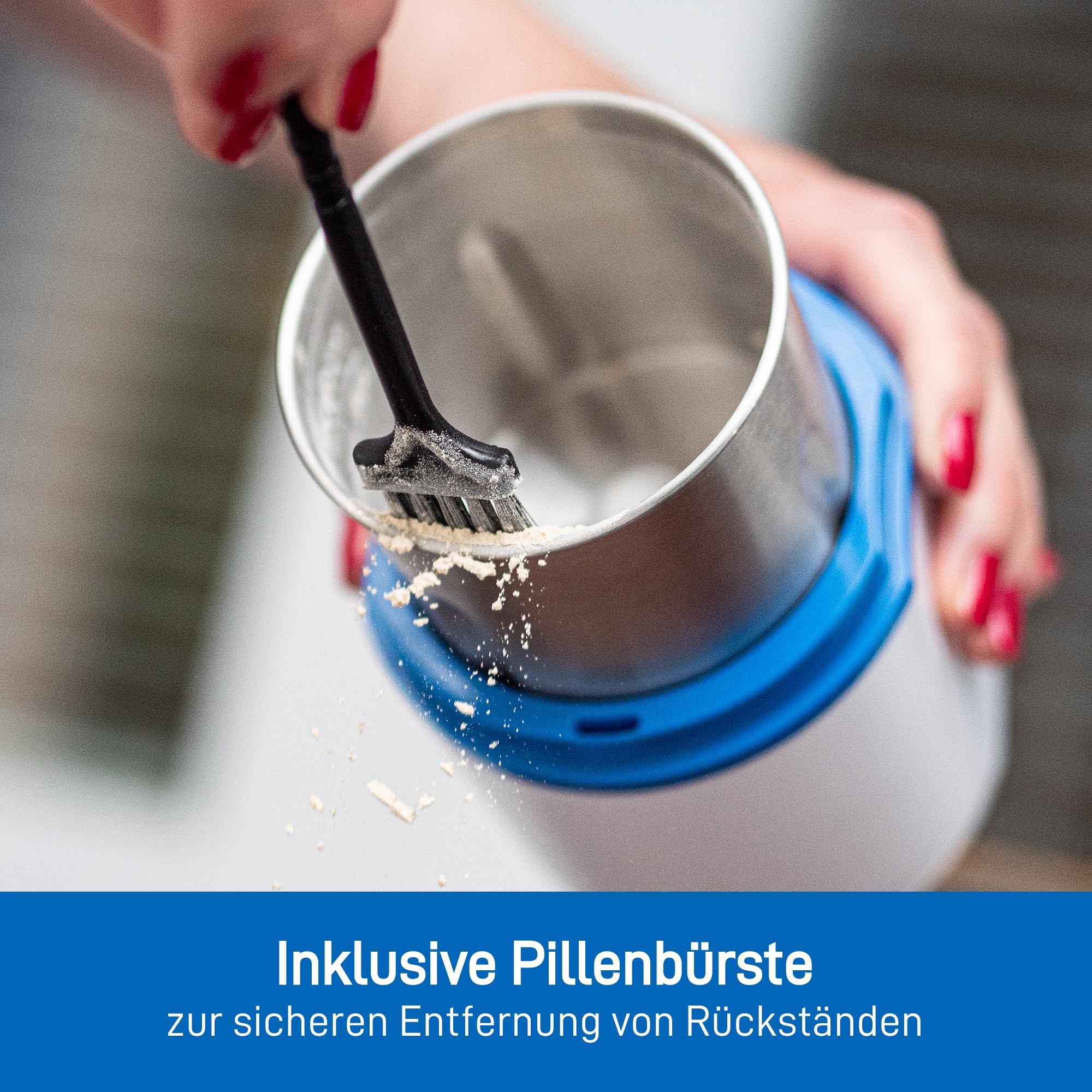 Elektronischer Pillen-Mörser - Feines Pulver Elektronischer Pulverisierer für kleine und große Medikamenten - Mit Pillen Organizer, Bürste, Löffel, Tuch und Edelstahlklingen von Pill Mill