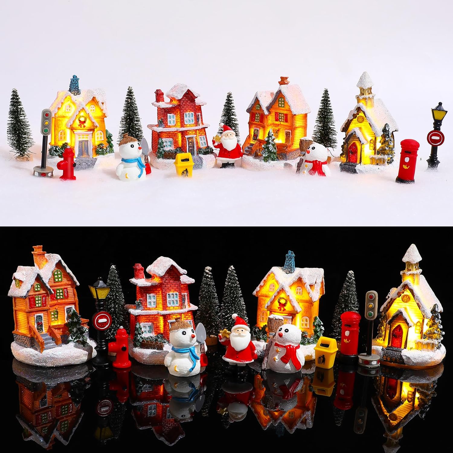 Briwooody 17 Pcs Christmas LED Lighted Village Sets Xmas Village Houses with Figurines Resin Christmas Town Scene Desktop Ornaments Xmas Village Collection Indoor Room Decor Collectible Buildings