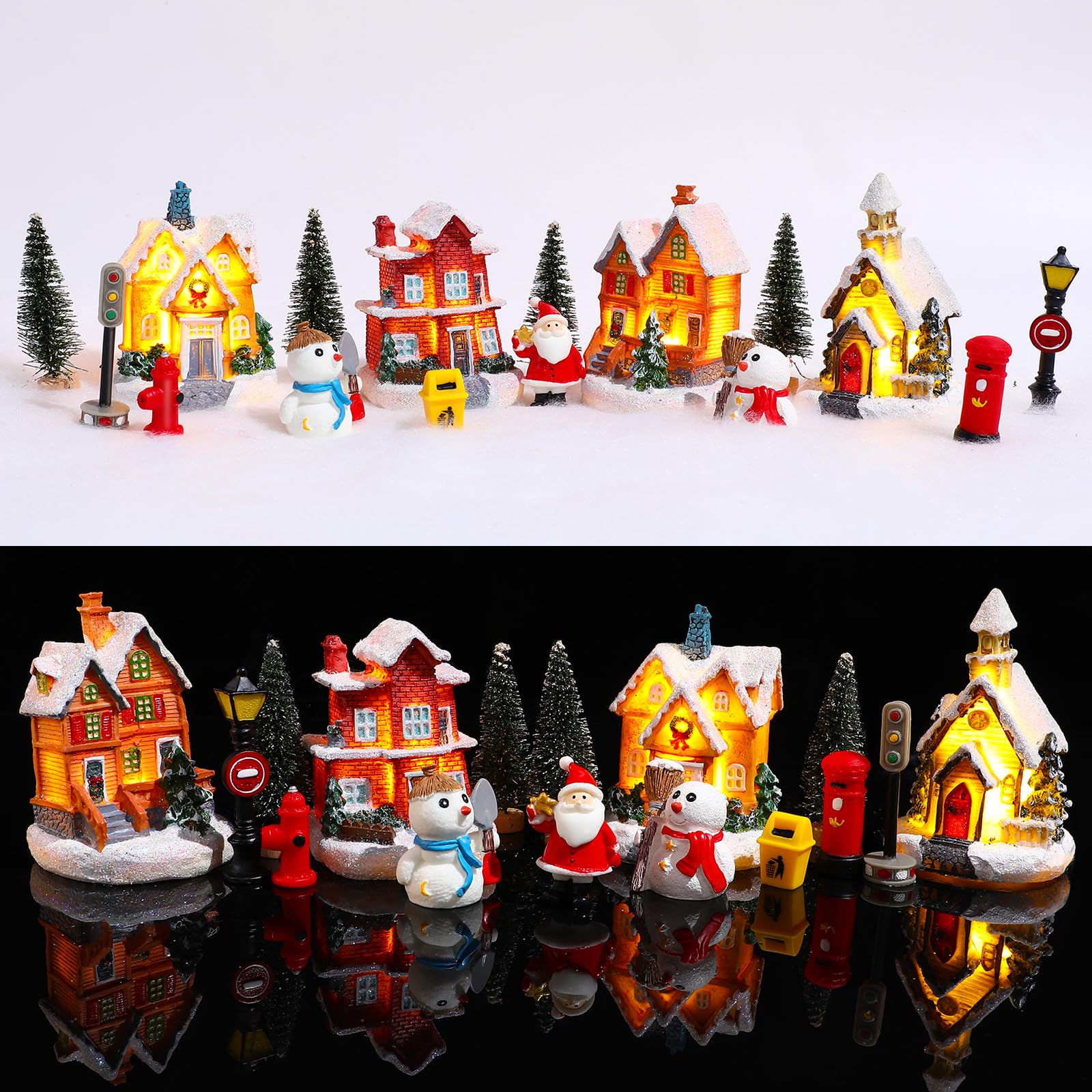 Briwooody Lot de 17 maisons de village de Noël lumineuses à DEL avec figurines en résine - Décoration de bureau - Collection de village de Noël - Décoration d'intérieur - Bâtiments de collection