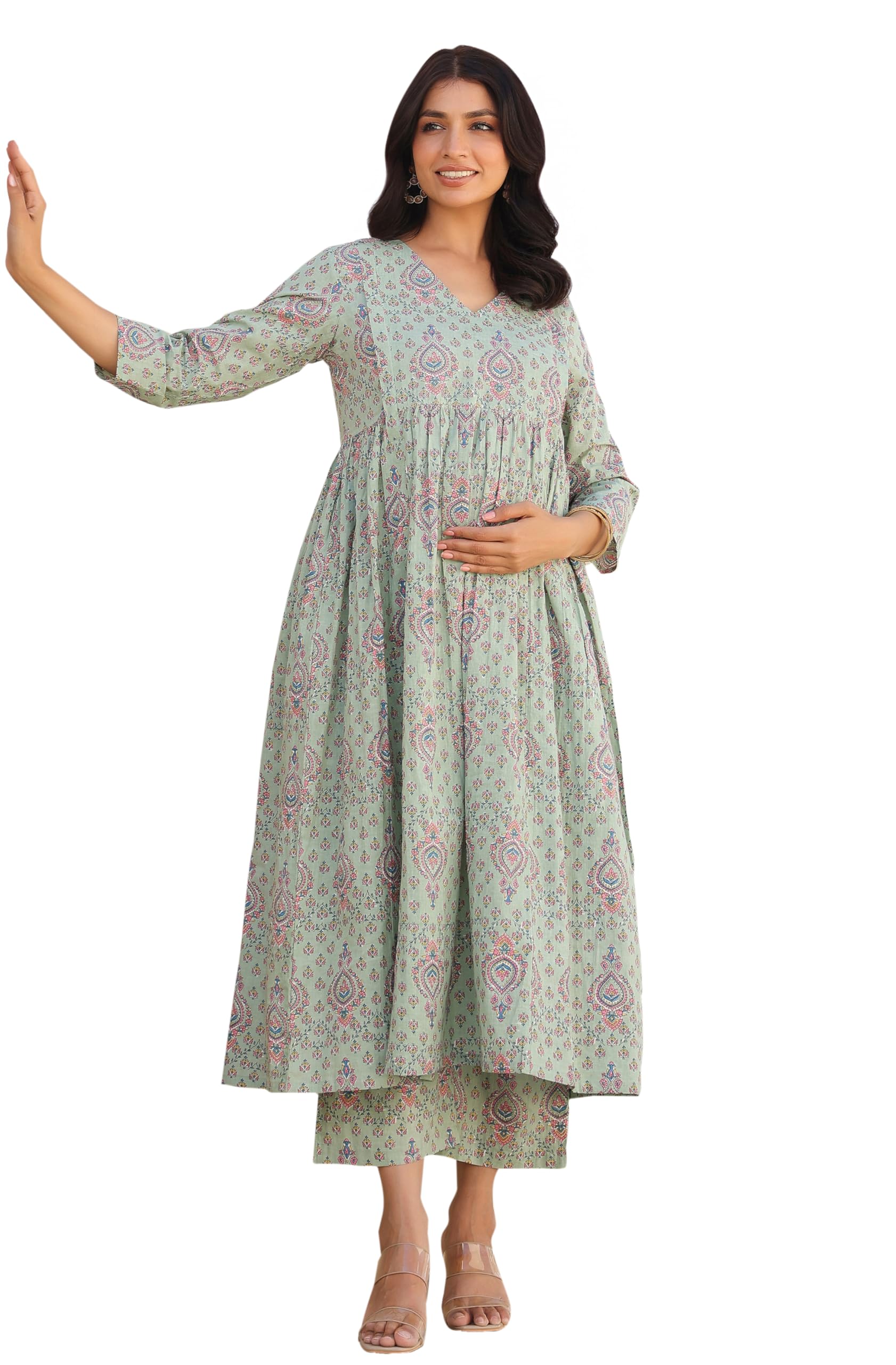 janasya Women's Light Green Pure Cotton Floral Printed A-line Maternity Kurta Pant Set-picture-11
