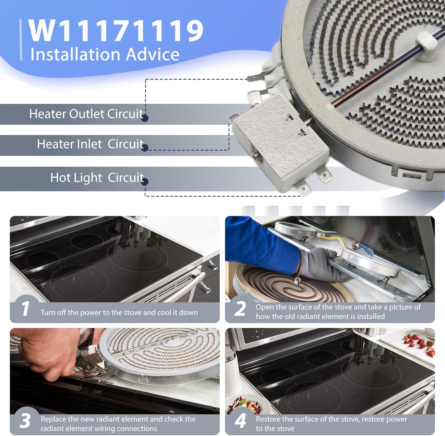 W11171119 8273994 Radiant Surface Element 6in Range Radiant Surface Element, Compatible with Whirlpool, Kenmore Electric Furnace Oven Replaces W11171119 AP6012390 PS11745598 PS11764915 W10823711