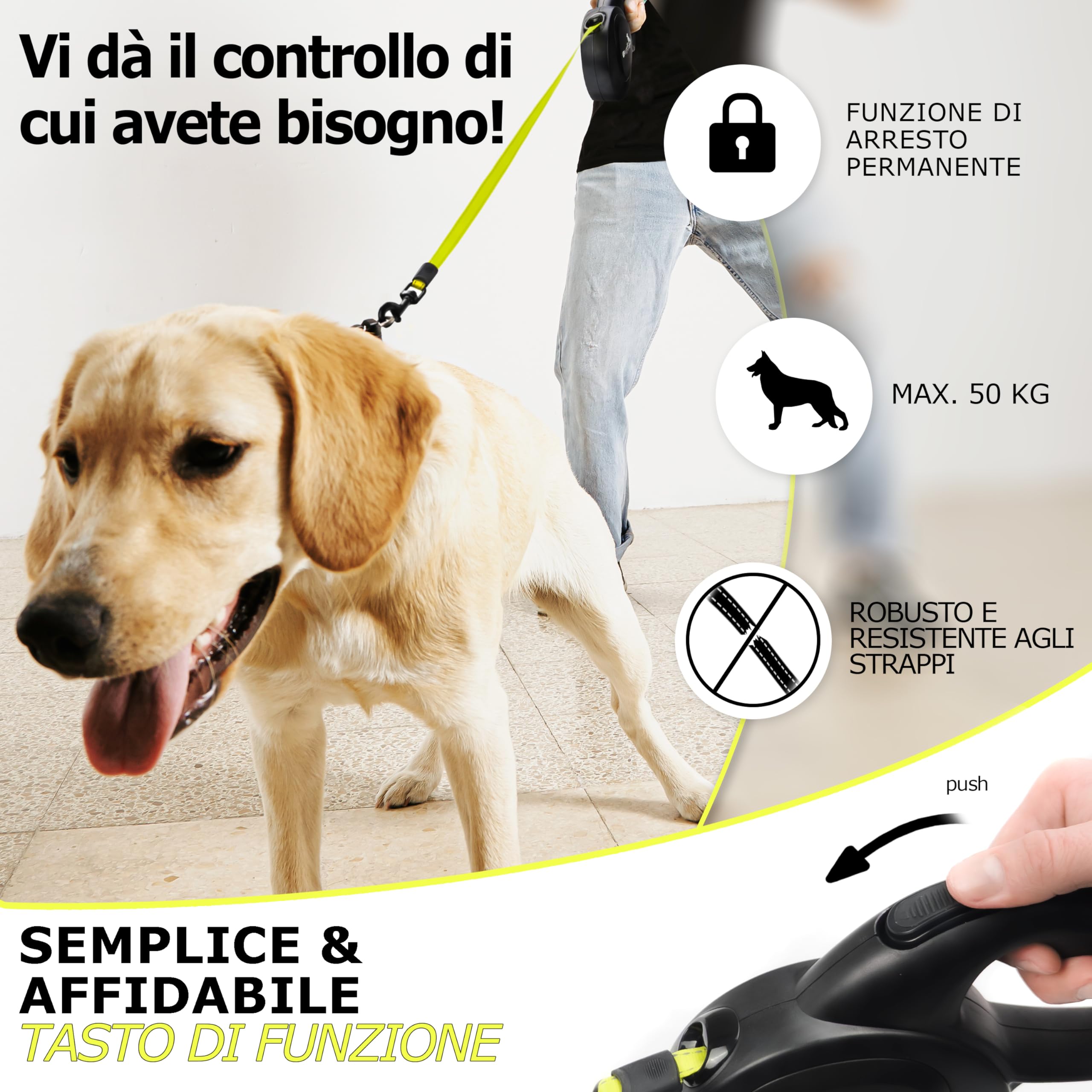 8m Guinzaglio per Cani per Cane Taglia Grande Fino a 50 kg, Giallo Neon Brillante Cinghia con Gancio a Scatto a 360° in Metallo, Freno di Ritrazione, Impugnatura Ergonomica Gommata, Nero