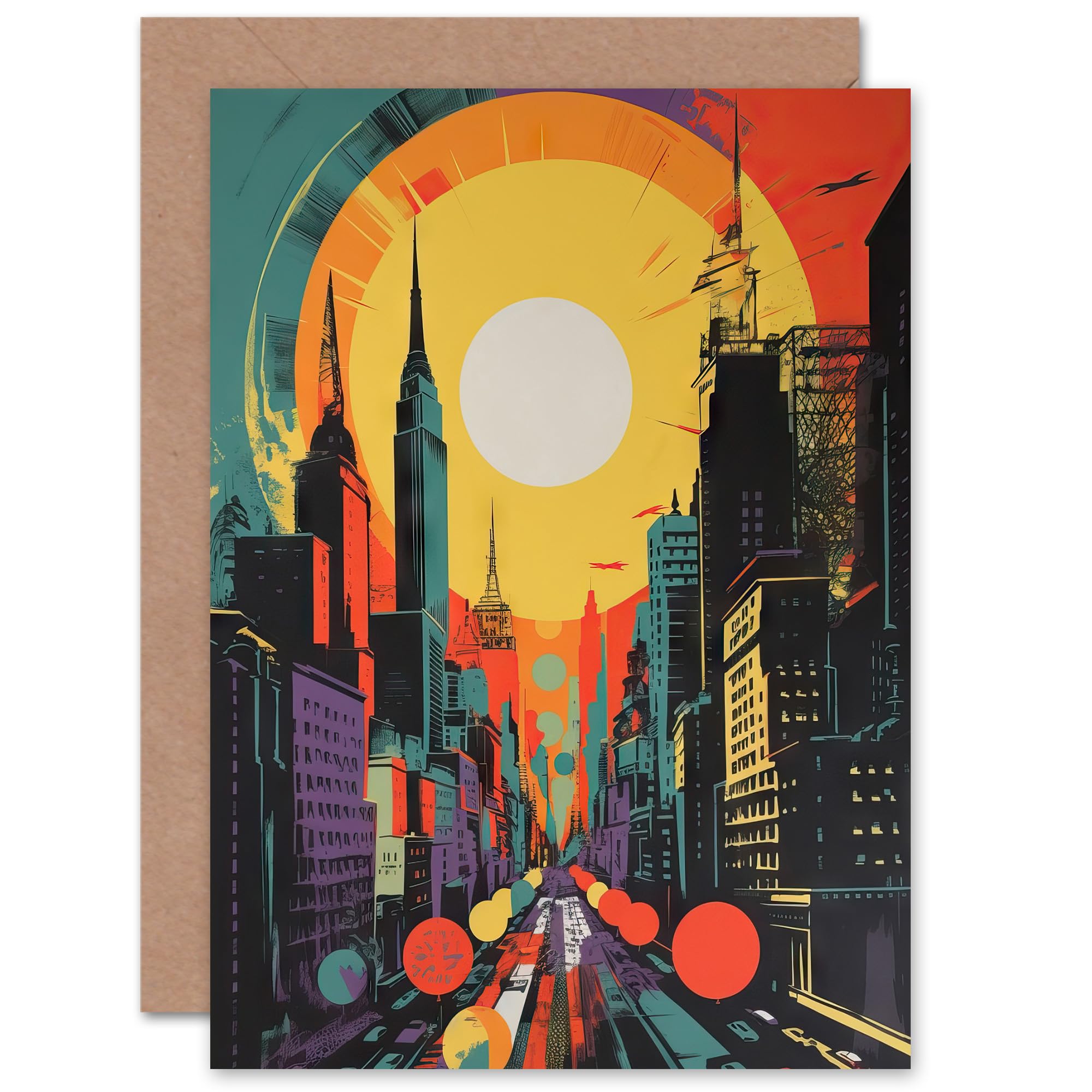 Artery8 Wall Street New York City Retro Sunrise for Him or Her Man Woman Birthday Thank You Congratulations Blank Art Greeting Card