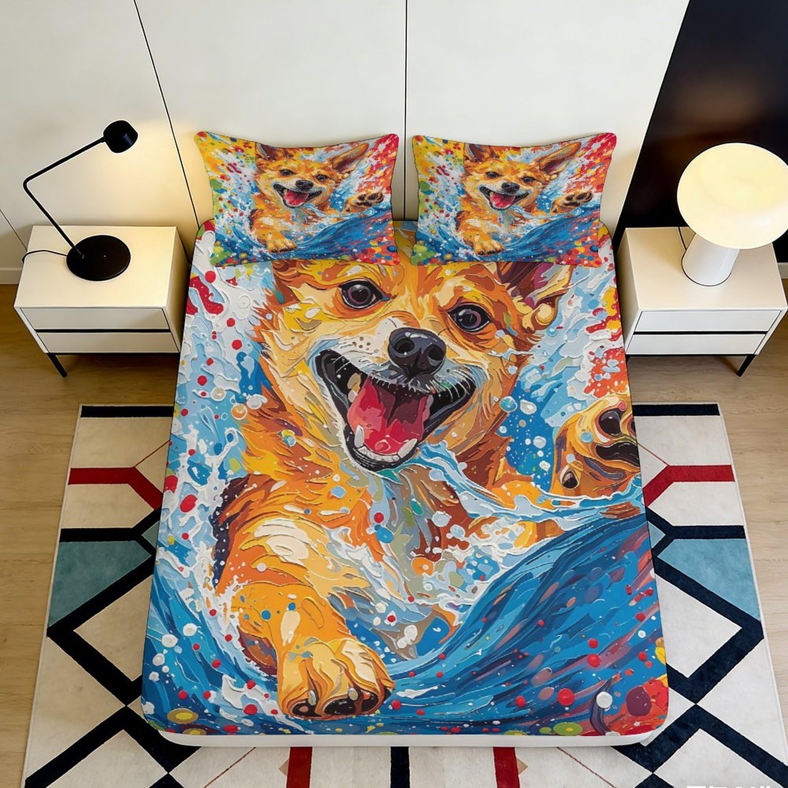 3D Printed Colorful Corgi Dog Fitted Sheet Microfiber Soft Breathable Splash Pattern Bed Cover for Bedroom Dormitory Guest Room Mattress Protection 140x200x25cm