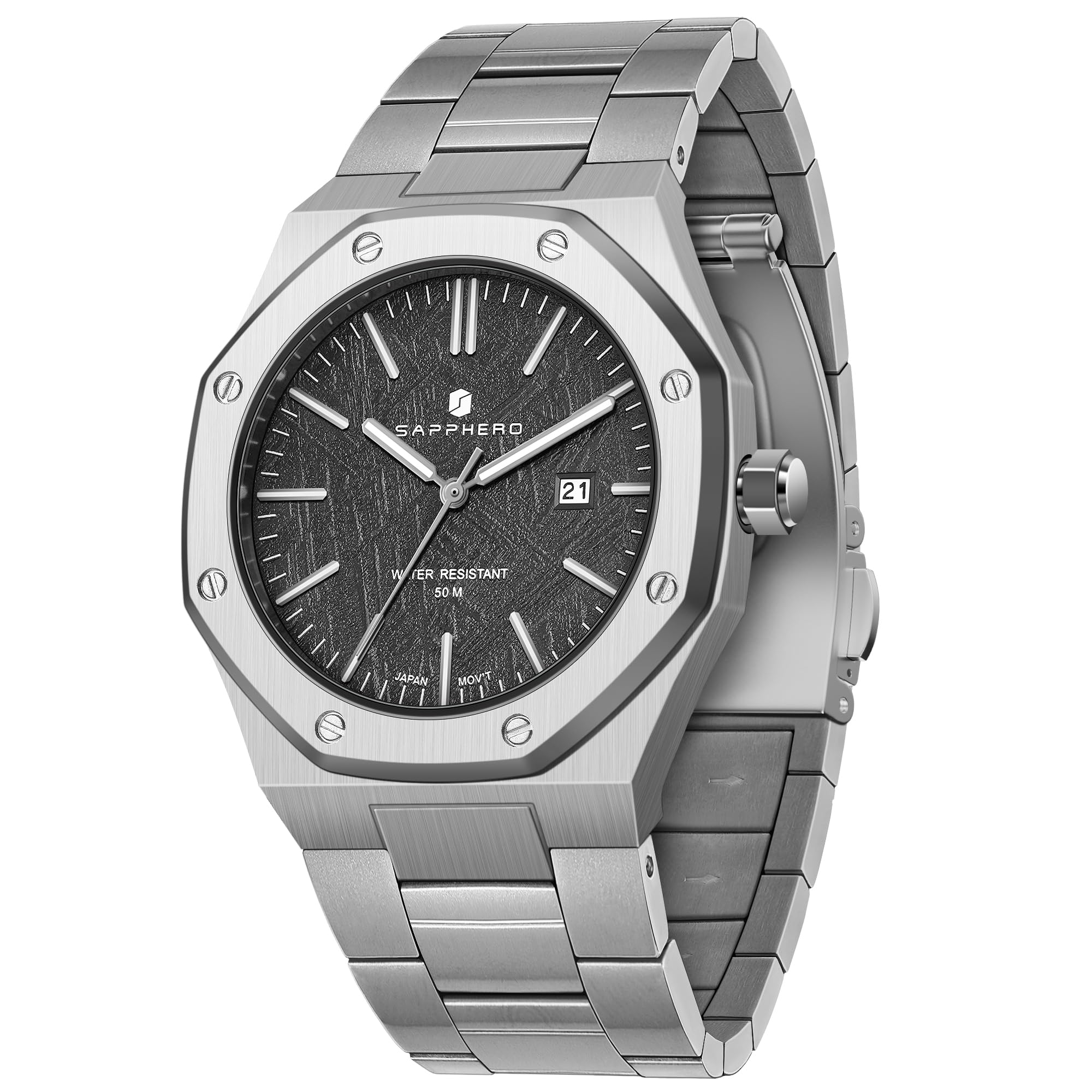 SAPPHERO Watches for Men Waterproof Men's Watch Stainless Steel Octagonal Date Quartz Fashion Clock Business Wristwatch Gift for Men Multiple Colors