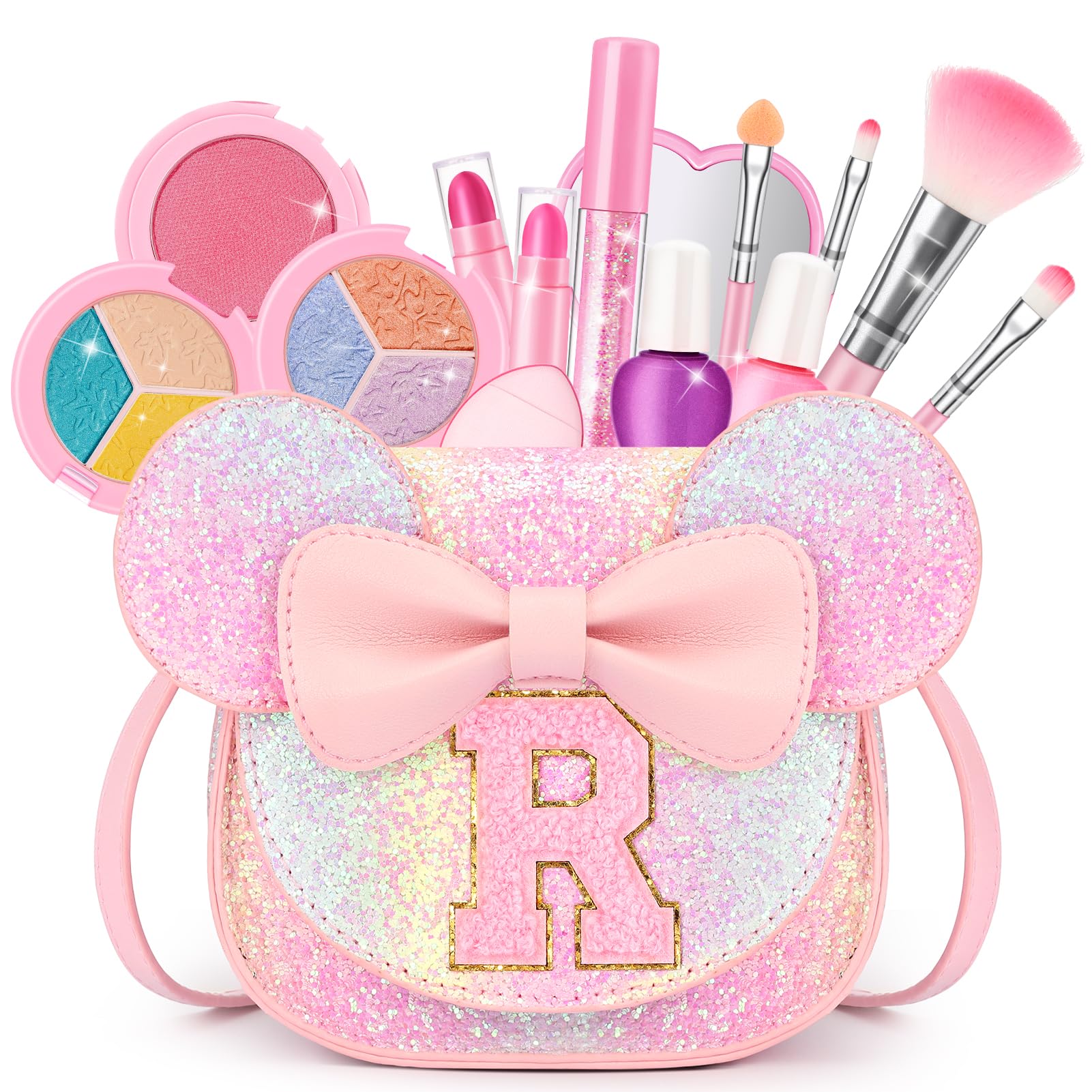 Kids Makeup Kit for Girl, 15Pcs Real Washable Make Up Set &amp; Purse Rainbow R