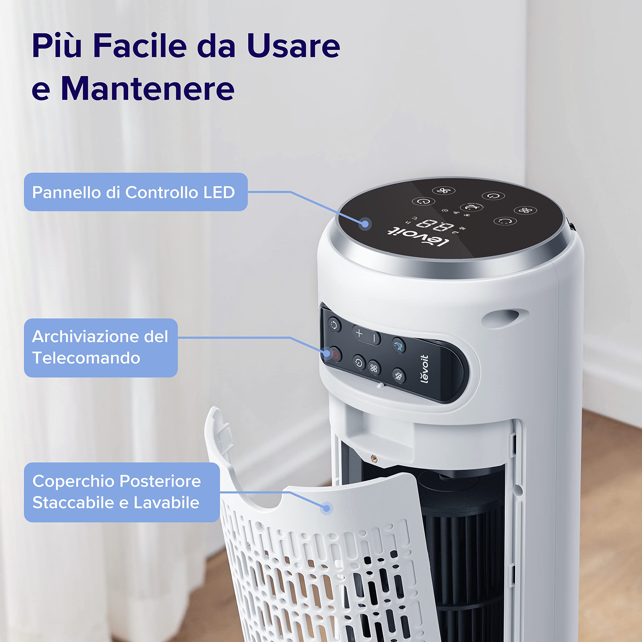 LEVOIT Ventilatore a Torre con Telecomando 92CM, Serie Classica| 92 cm, Ventola di Raffreddamento Silenziosa 28 dB, 3 Modalità, 5 Velocità, Oscillazione 90° Timer 12H, Display LED, 39W,Bianco Classico