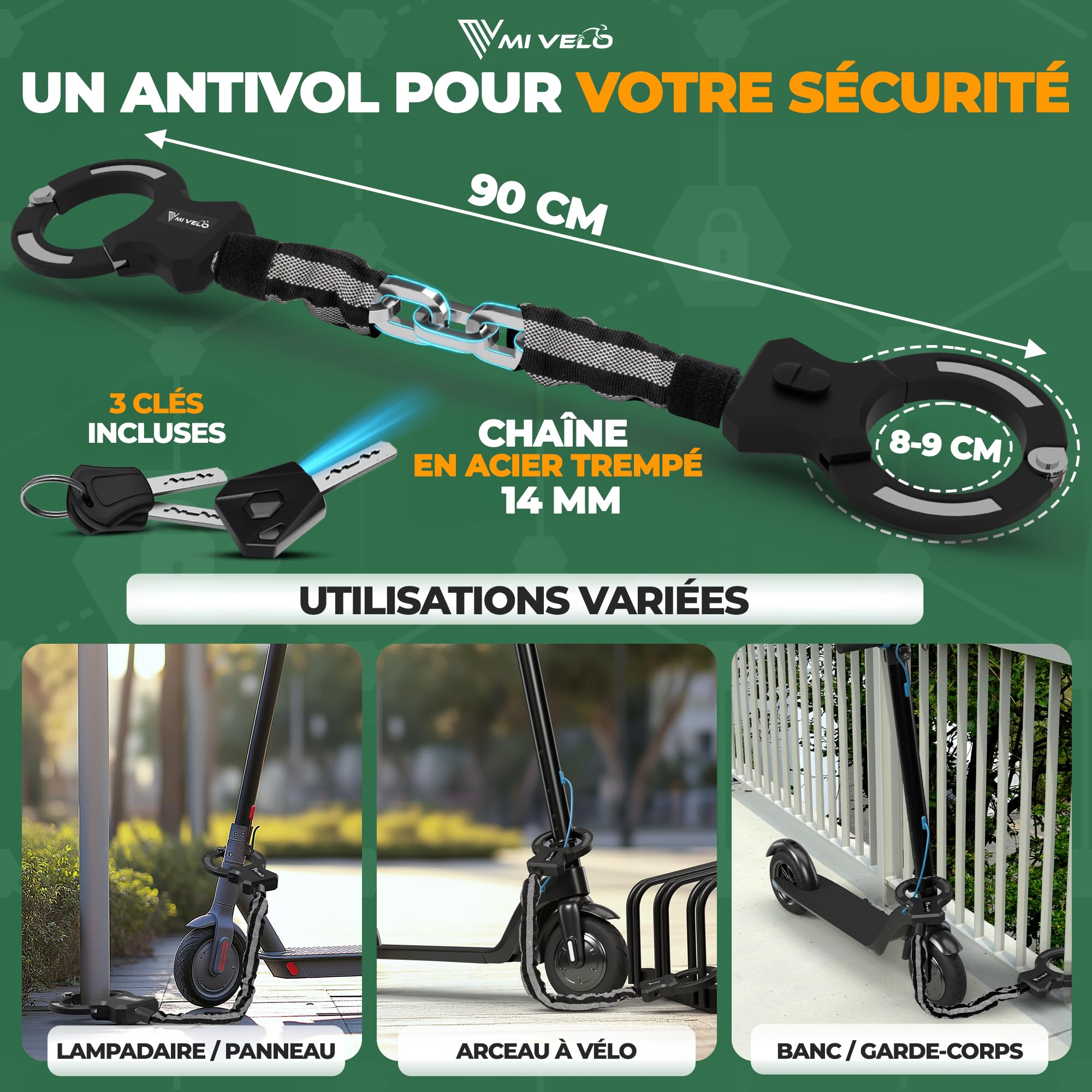 MIVELO Antivol de scooter électrique extra sûr - Cadenas à chaîne I Menottes pour scooter électrique I Haute sécurité - Avec support I Serrure E-Roller