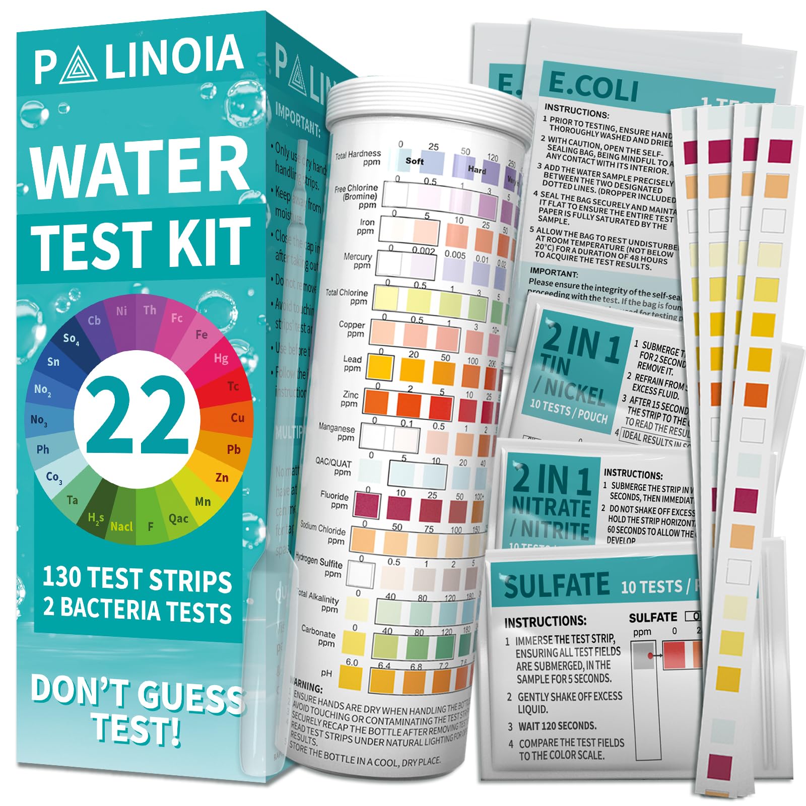 Palinoia 22 in 1 Drinking Water Test Kit with 130 Strips - Well, Faucet, Household Test Strip for Fluoride, Lead, Hardness, Chlorine, Iron, Copper and More