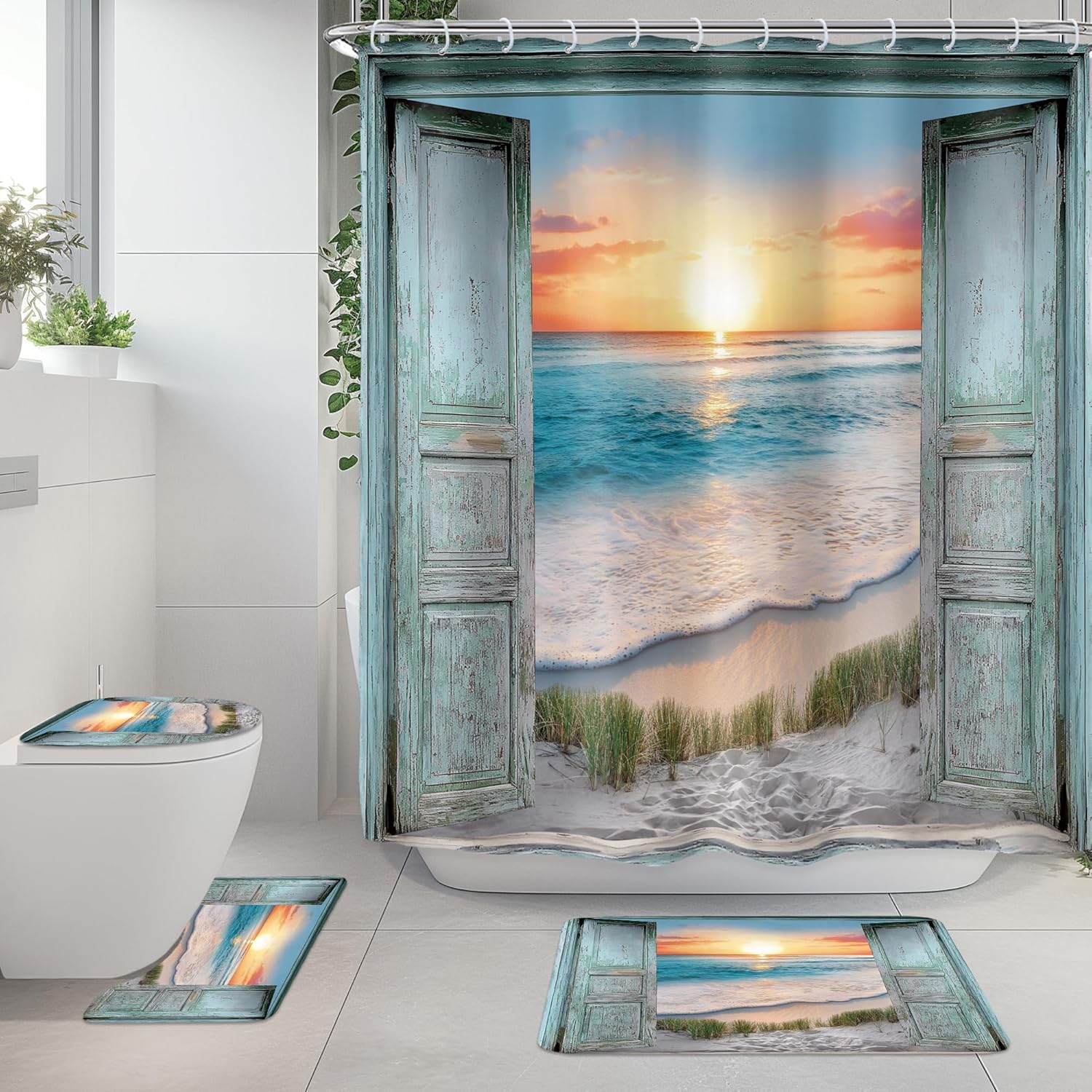 Riyidecor Beach Sea 4Pcs Bathroom Shower Curtain Sets Ocean Barn Door Teal Bathroom Decor Set with Rugs and Accessories Toilet Lid Rug, Contour and Bath Mat with 12 Hooks