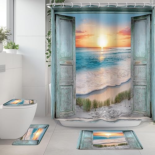 Miniatura 26 de Riyidecor - Cortina de ducha para puerta de granero con temática de playa oceánica gris para decorar el baño, 72 pulgadas de ancho x 72 pulgadas de
