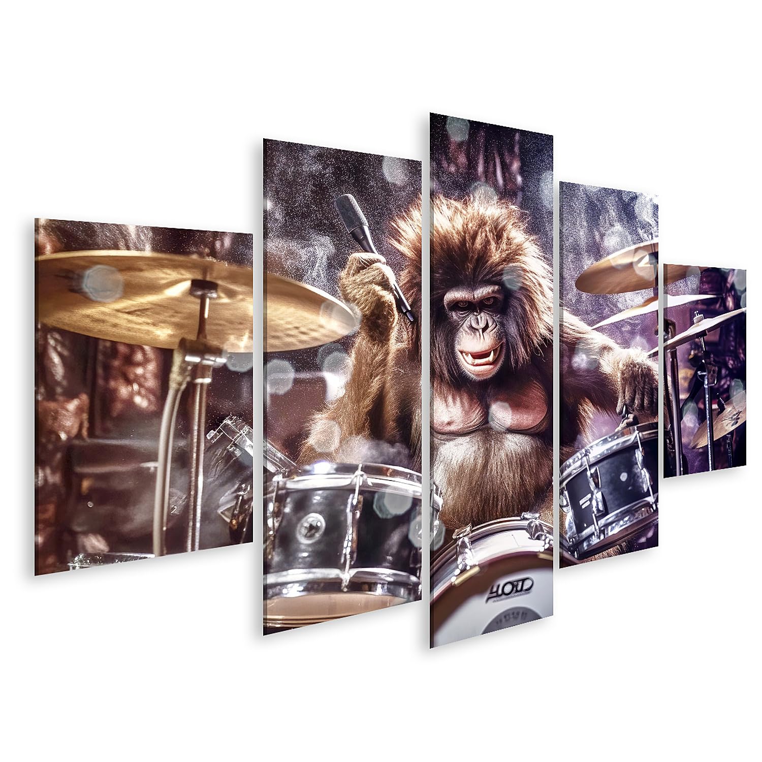 islandburner Wandbild auf Leinwand Gorilla am Schlagzeug Lustiges für Musikliebhaber - 5-teilig