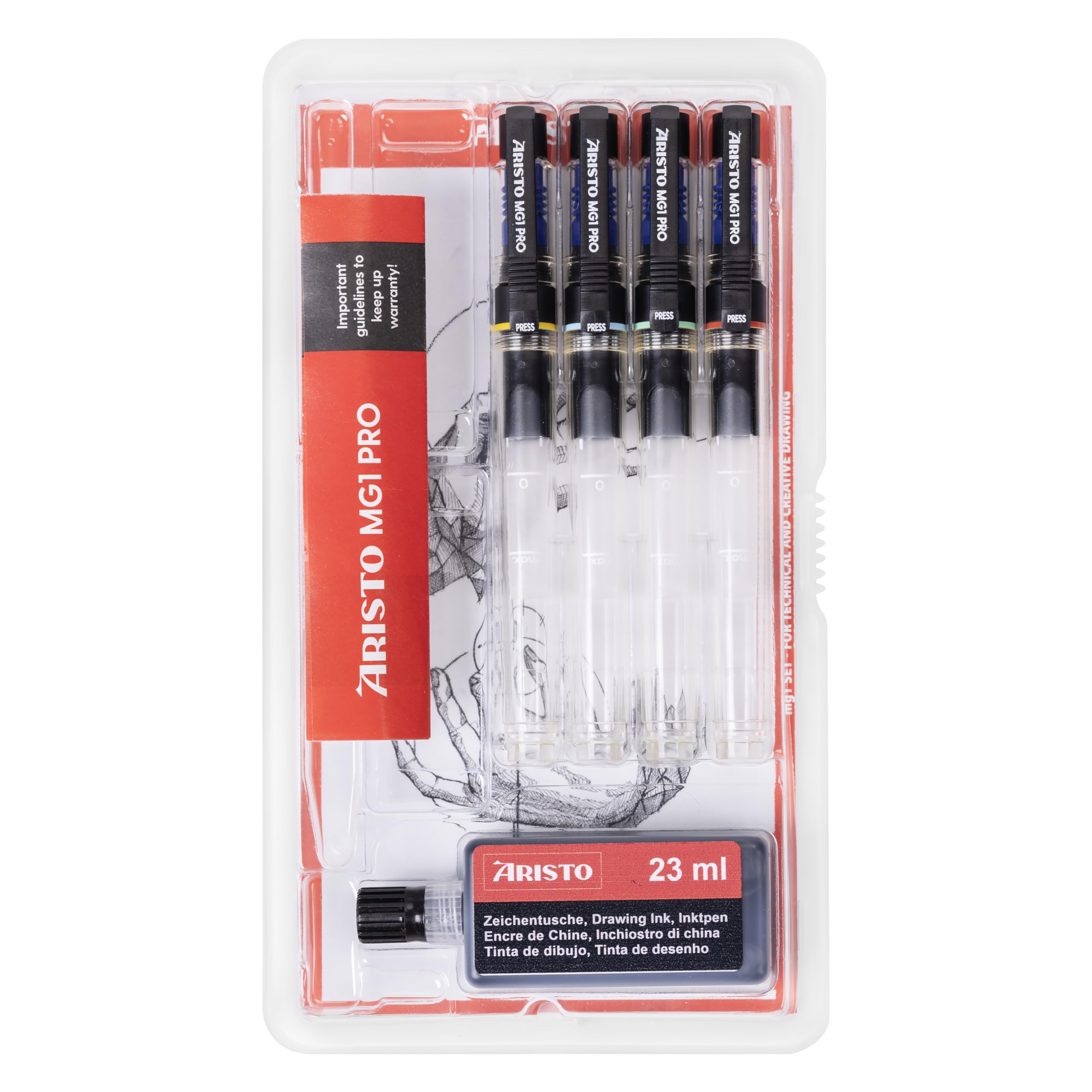 Aristo AH64400 mg1 Pro Basic Lot de 5 stylos à encre de Chine (4 stylos à encre de Chine mg1 Pro, épaisseur de trait 0,25/0,35/0,5/0,7 mm, cartouche de dessin noir)