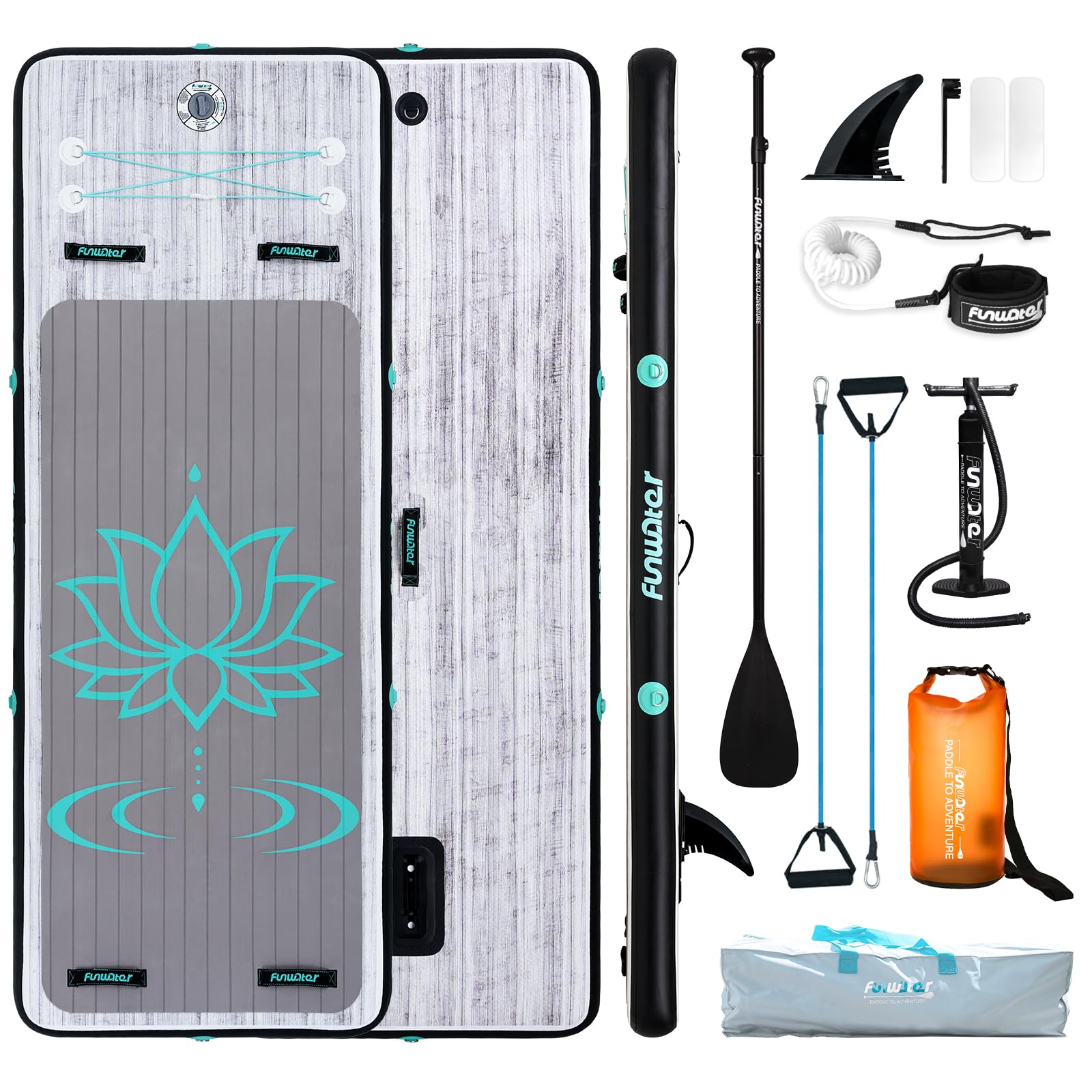 FunWater 8' Inflatable Gymnastics Mat - Lotus Pattern Air Tumbling Track Mats with fin stabilizers, adjustable three-section paddle for Yoga, Gym, Water Sports and Training