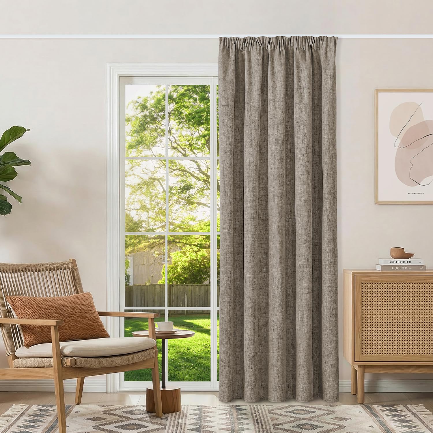 Runyéla 100% Blackout Curtains Pencil Pleat Linen Curtain for Bedroom Living Room Thermal Insulated Custom Size 2 Panels Linen