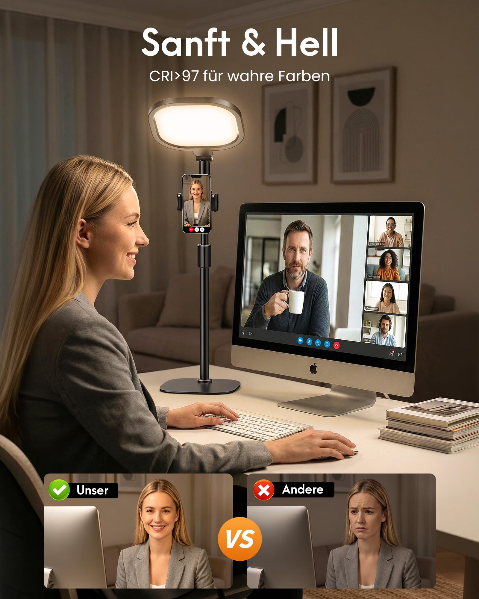 LitONES Ringlicht mit Stativ, Ring Licht für Laptop mit Handy Stativ 3 Lichtfarben 10 Helligkeiten Tisch Selfie Licht LED Schreibtischlampe für Videokonferenzn Webcam Streaming TikTok[Energieklasse A]