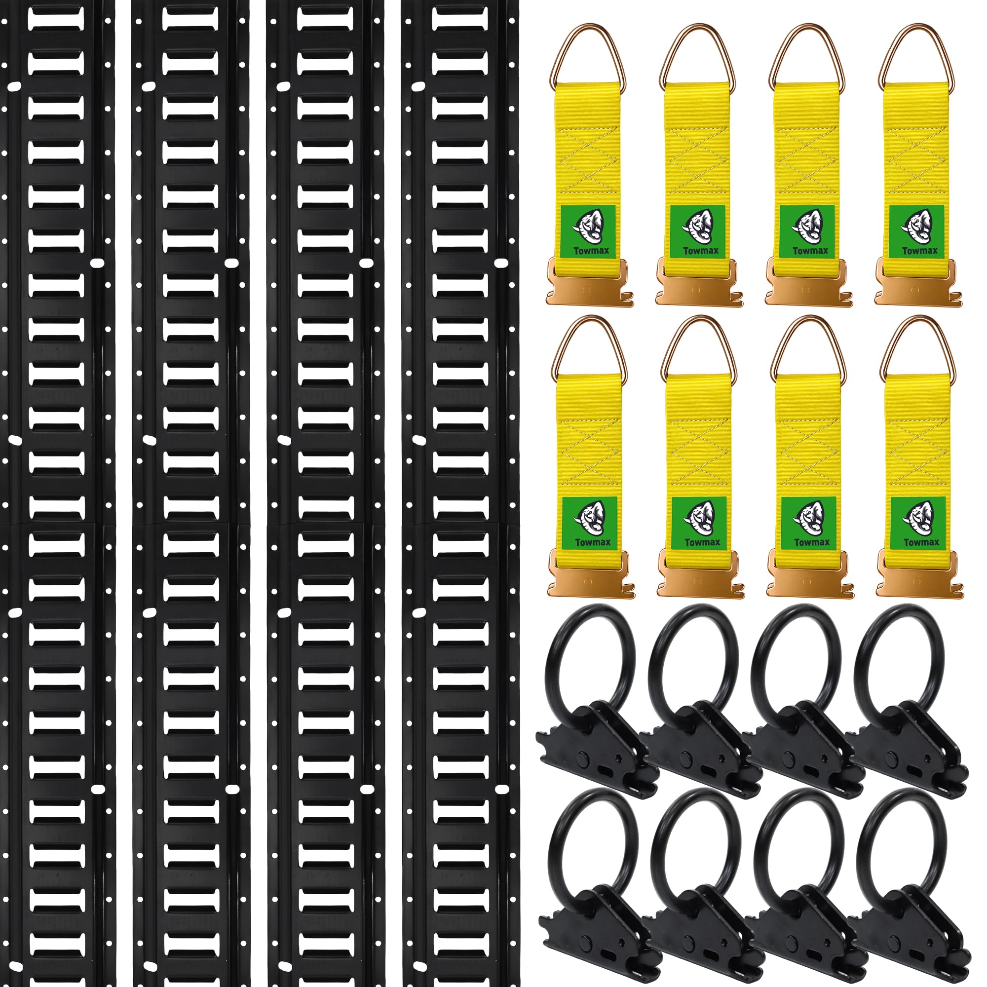 Photo 1 of 8' E Track Tie Down Rail Kit with Accessories (20 Pack) - Heavy Duty E Track Bar Rails - 4 ETrack Rails with 8 O Rings & 8 Rope Tie Offs - E Tracks Rail for Securing Cargos, Motorcycles, Bikes