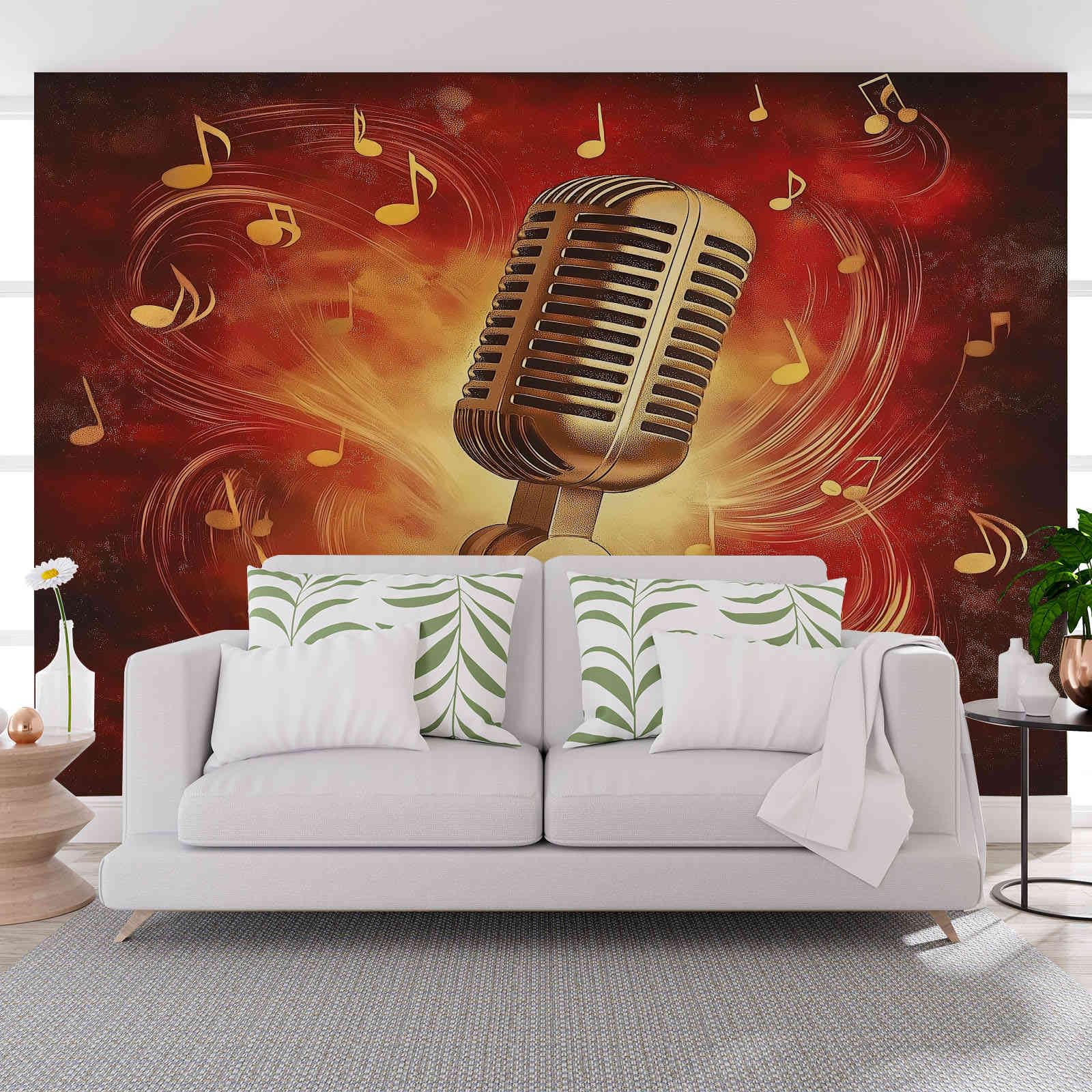 Papier peint panoramique 3D microphone rouge et notes musique pour décoration murale 300x210 cm