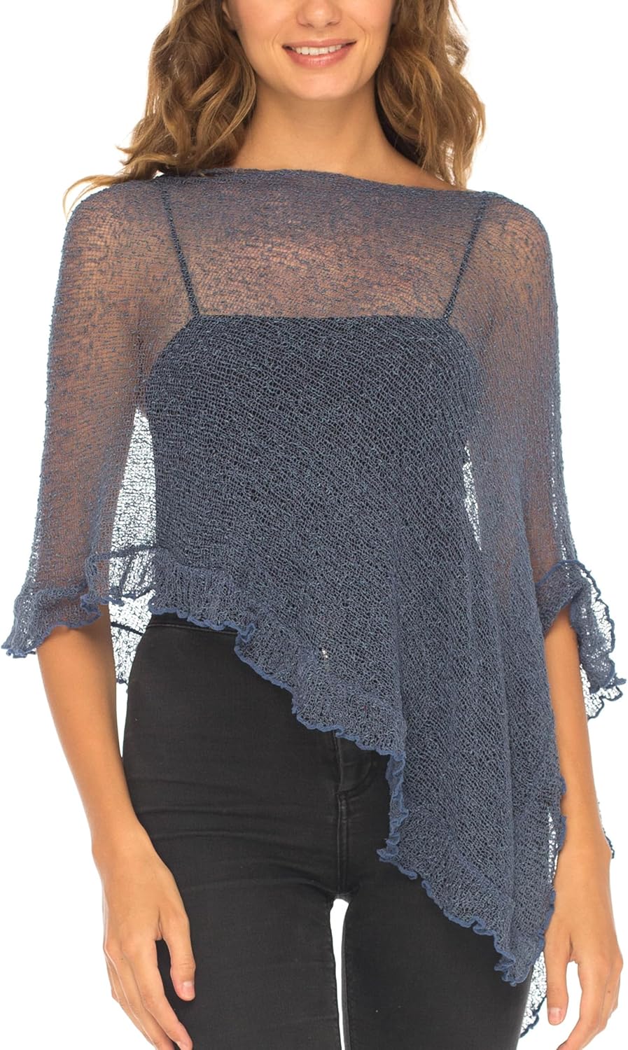 SHU-SHI Womens Sheer Poncho Shrug Lightweight Knit Ruffle Pullover Sweater Top