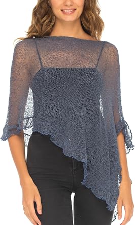SHU-SHI Womens Sheer Knit Ruffle Poncho Shrug Lightweight Cover Up