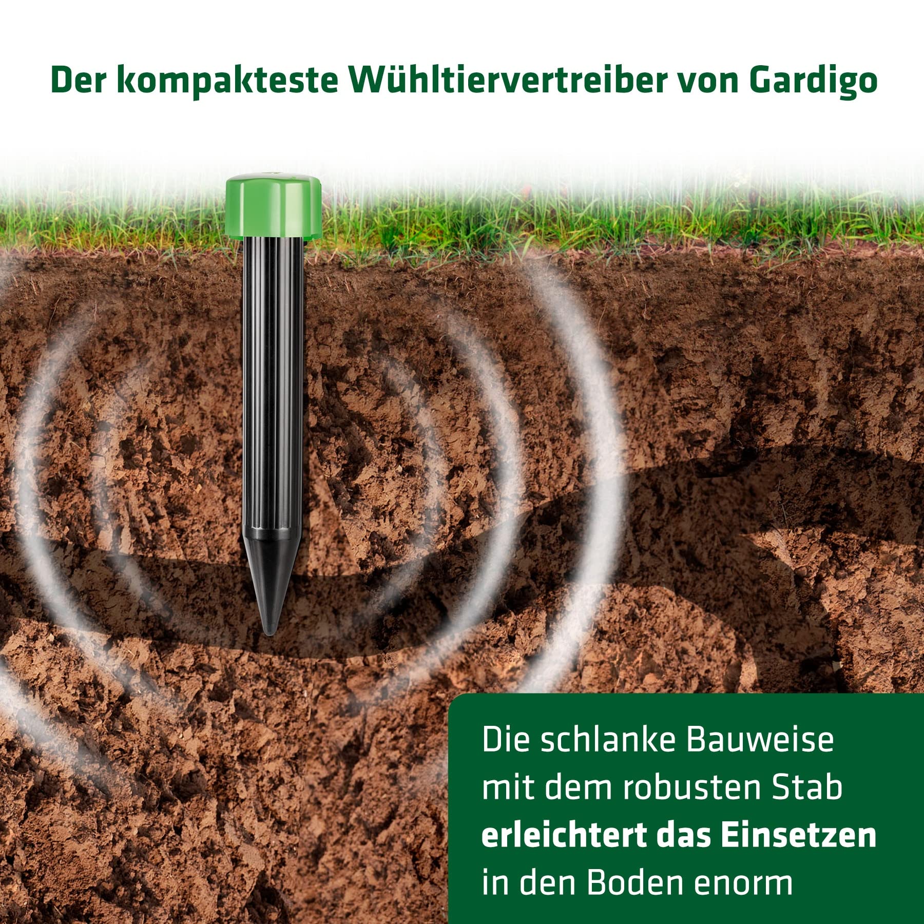 Gardigo® Dissuasore per Talpe - Set da 4 | Scaccia Talpe Mini a Batteria | 400 Hz | Dispositivo Anti Talpe per Giardino | Cambio Batteria Facile | Repellente per Arvicole