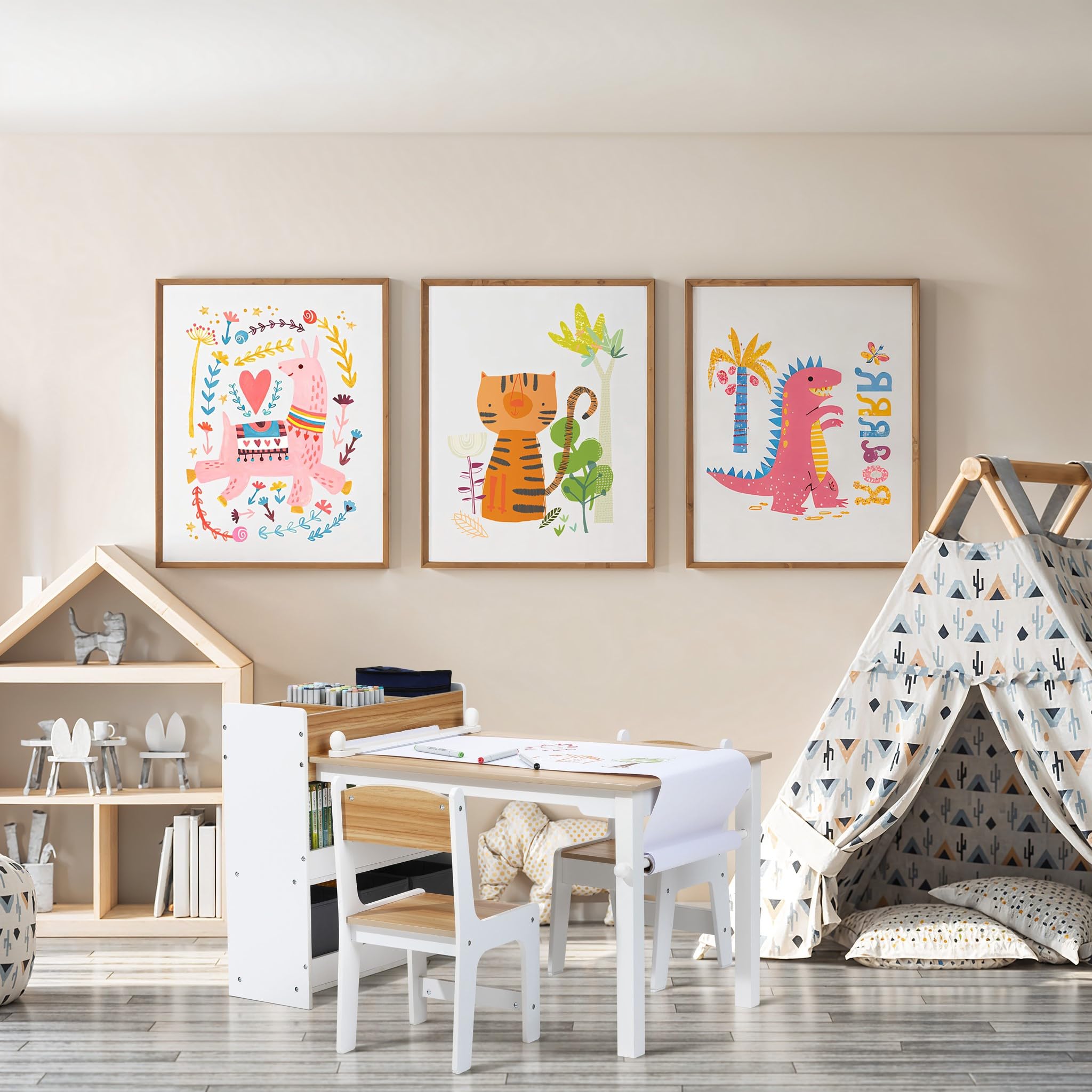 LuxenHome Children Activity Play Table with Bookcase and 2 Chairs Set, Kids Art Table with Storage and Chair Set, Craft Table with Roll Paper for Drawing, Activities, and Study