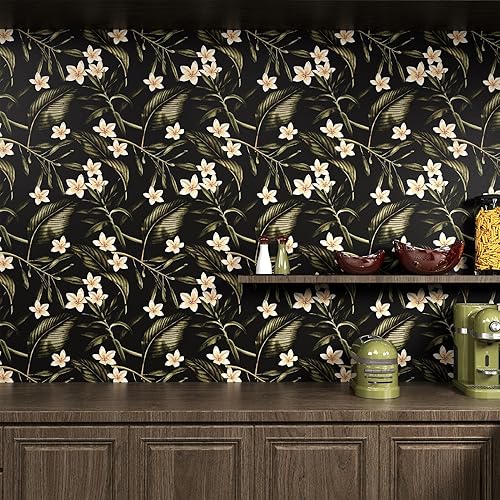 Papel tapiz floral negro oscuro para despegar y pegar, extraíble, vintage, para dormitorio, hojas botánicas, papel de contacto floral para paredes,