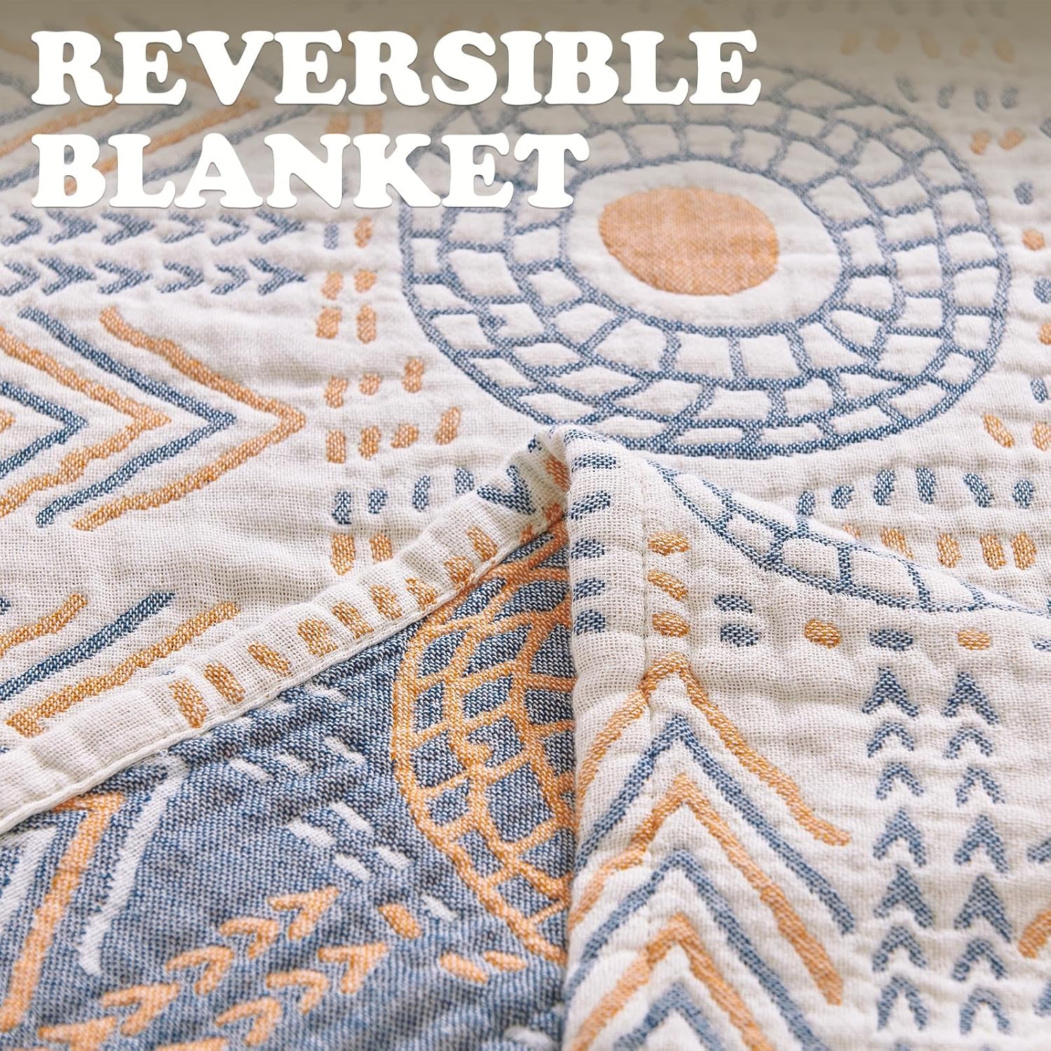 jinchan Boho 100% Cotton Muslin Queen Size 80x90 Throw Blanket Lightweight 4-Layer Orange Reversible Blanket Washable Breathable Geometric Striped Pattern Soft Comfy for Couch Bed Decor All Seasons - Image 4