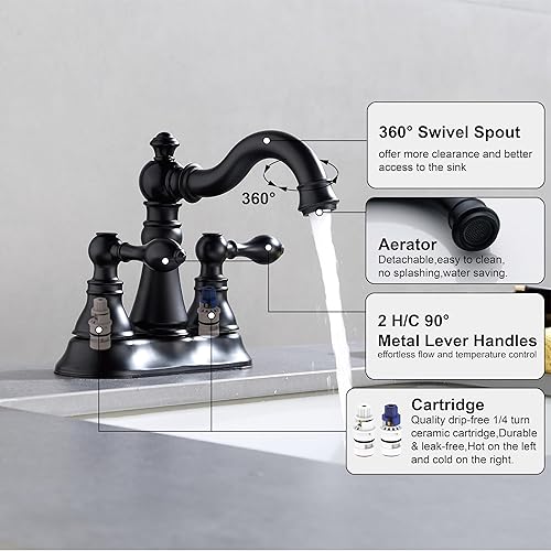 Miniatura 4 de Grifo de baño de dos manijas negro mate de 3 agujeros con montaje de drenaje desplegable, grifo de lavabo clásico de 4 pulgadas con boquilla