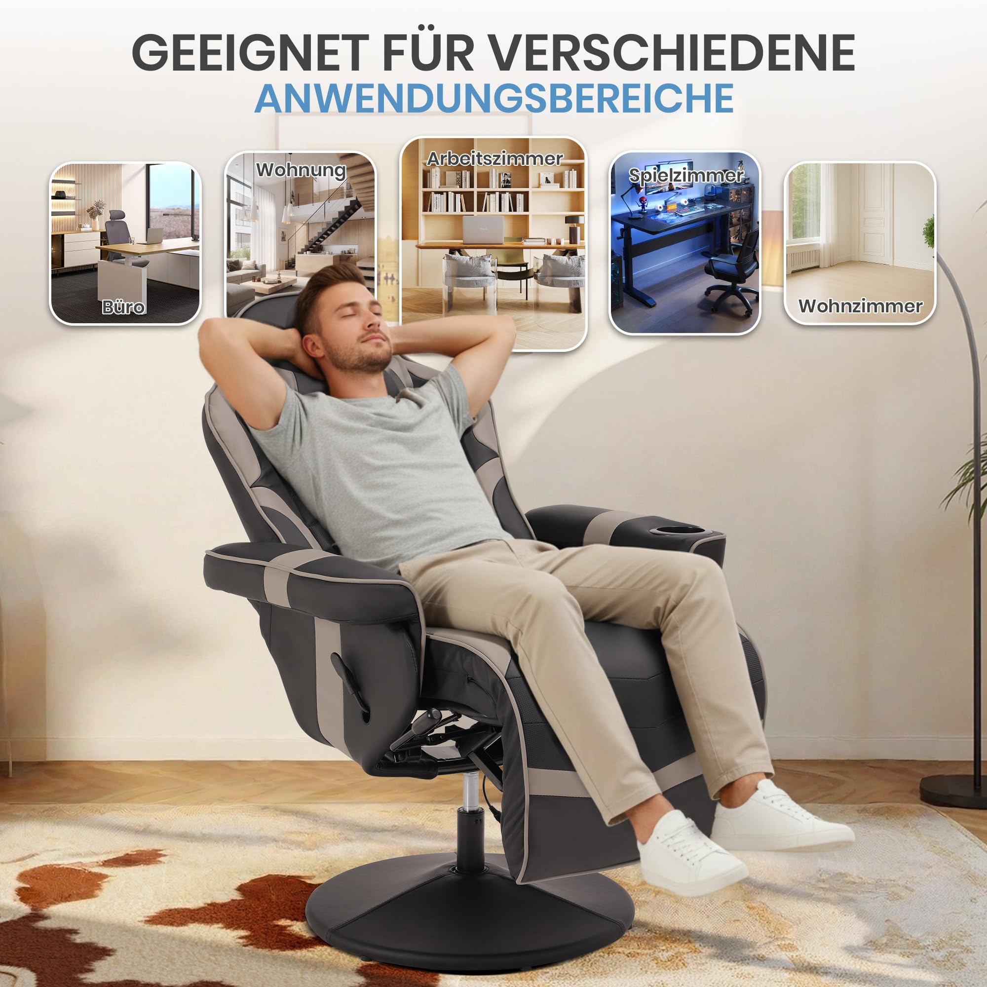 Relaxsessel Fernsehsessel mit Liegefunktion, Massage Gaming Stuhl mit Höhenverstellbar & 360° Drehbar, Ergonomischer Racing Gaming Sessel Wohnzimmer, Manuell Verstellbar (Gray)