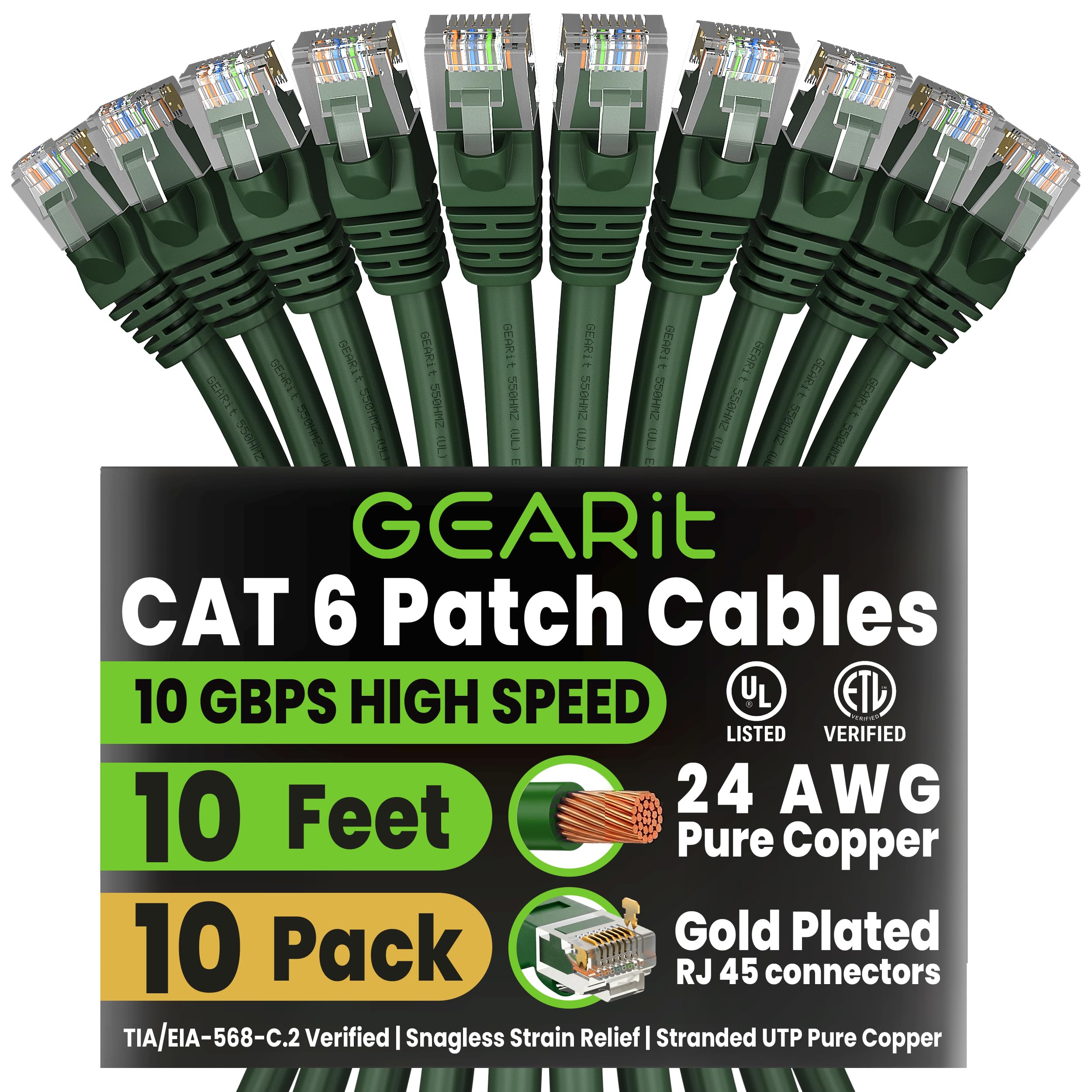 Gearit 0,5 mètres Cat 6 Câble Ethernet Cat6 Snagless Patch réseau LAN – Ordinateur Cordon, Vert, [Garantie à Vie] Pack de 10 10 Feet (10-Pack) Green