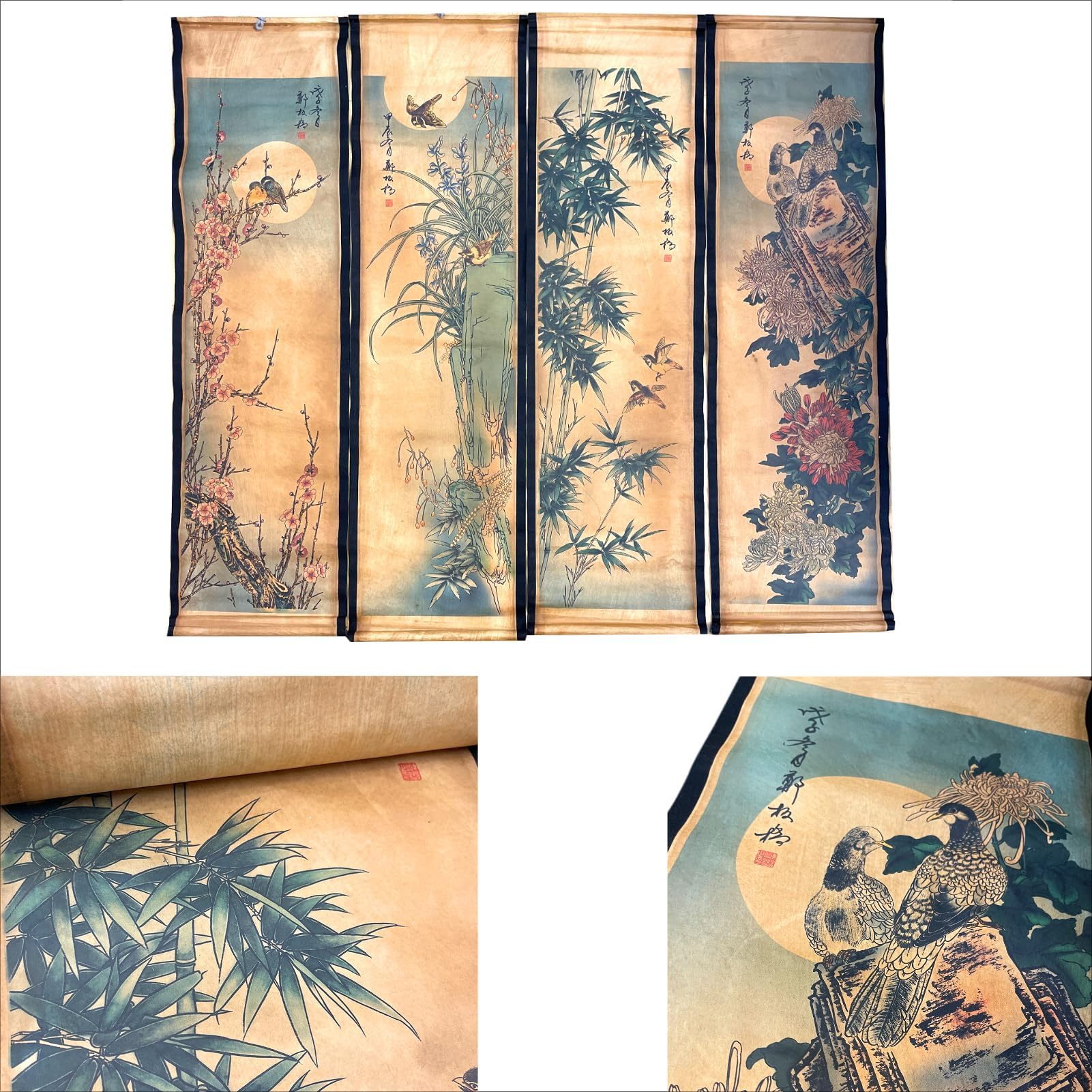 Wall Scroll Hanging Painting Decor, Chinese Traditional Art Set of 4 Vintage Flower Paintings Ancient Painting Replica, Plum Orchid Bamboo Chrysanthemum