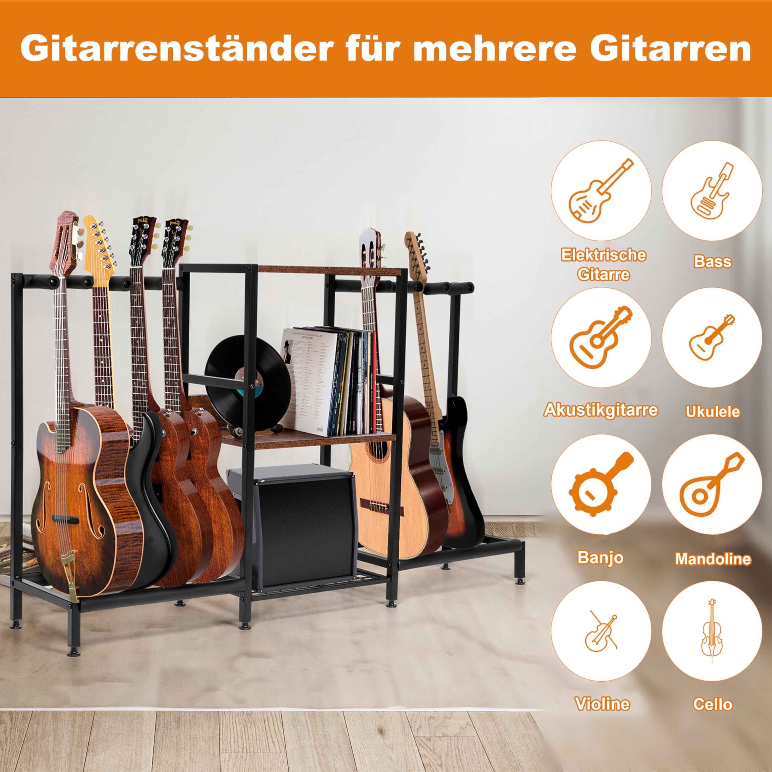 MYOYAY Supporto per chitarra con vano portaoggetti, supporto per chitarra multiplo con 3 piani, supporto per chitarra in legno con giradischi per studio di casa, sala musicale