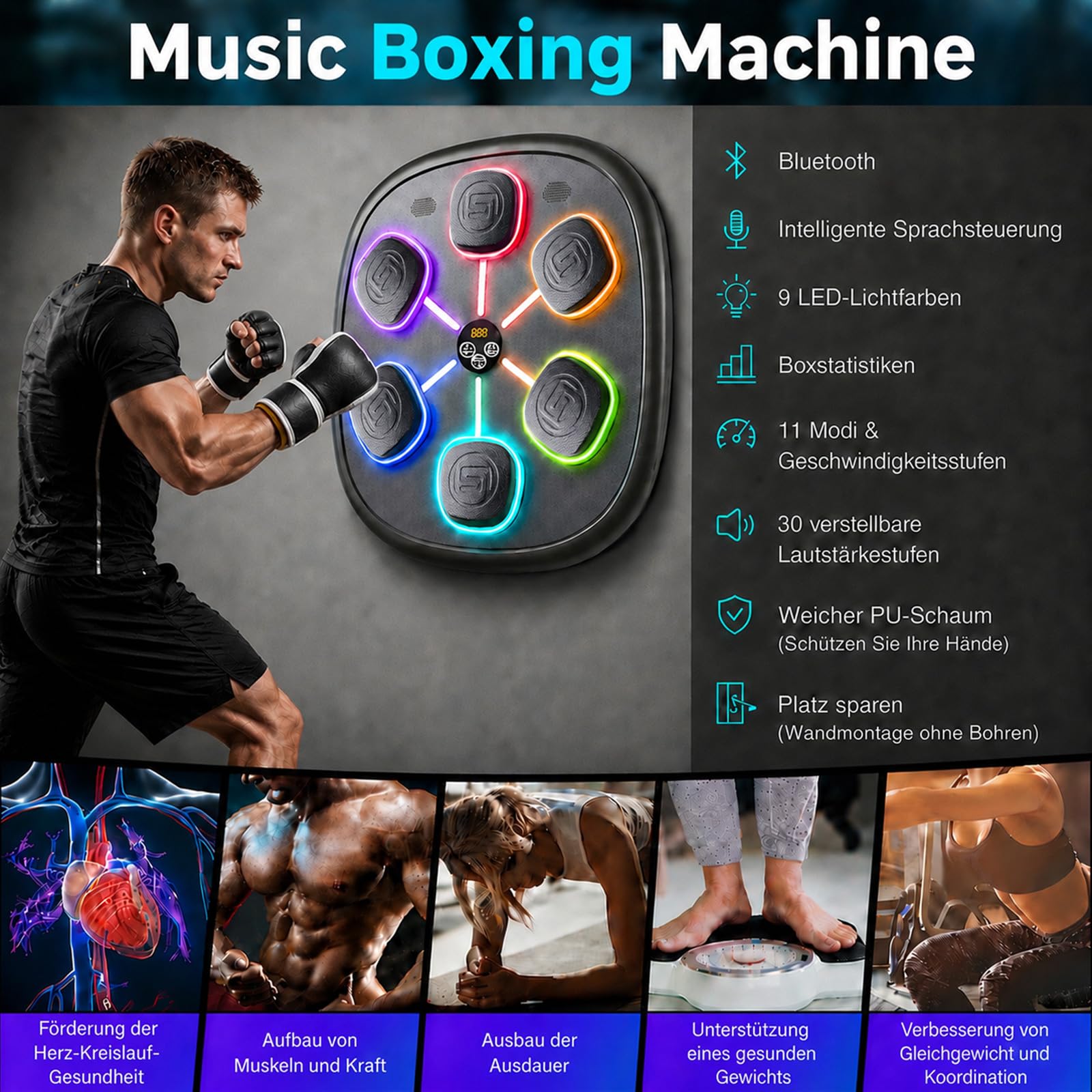 Musik Boxmaschine, Boxmaschine mit Bluetooth für Erwachsene und Kinder, | Sprachsteuerung, Boxhandschuhe enthalten,11 Trainingsmodi, 9 LED-Modi, Schlagzähler