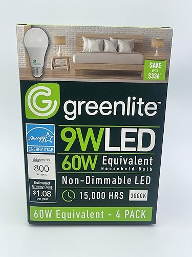 Greenlite Paquete de 4 bombillas LED de 9 W equivalentes a 60 W, no regulables