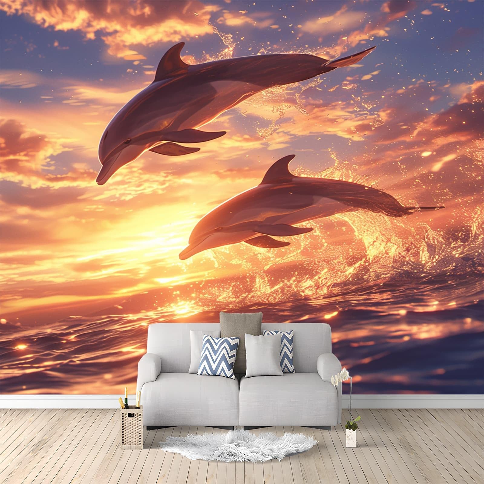 Tapeta murale szer. 118 x wys. 83 nadruk zwierzęcy delfin 3D włóknina mural ścienny do sypialni salonu dekoracja ścian, białe tło telewizora naklejka ścienna na sofę (nie samoprzylepna)