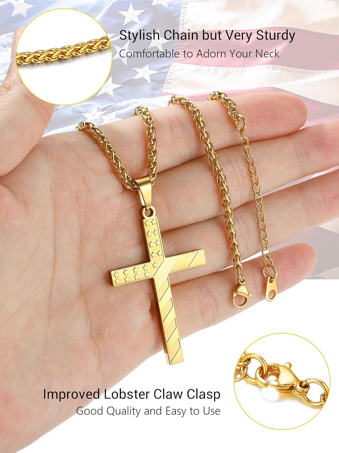 PROSTEEL American Flag Necklace for Men, USA Flag Eagle/Cross Pendant, Stainless Steel Dog Tag Necklace, US Patriotic Jewelry, 22"-24" Adjustable, Come with Box