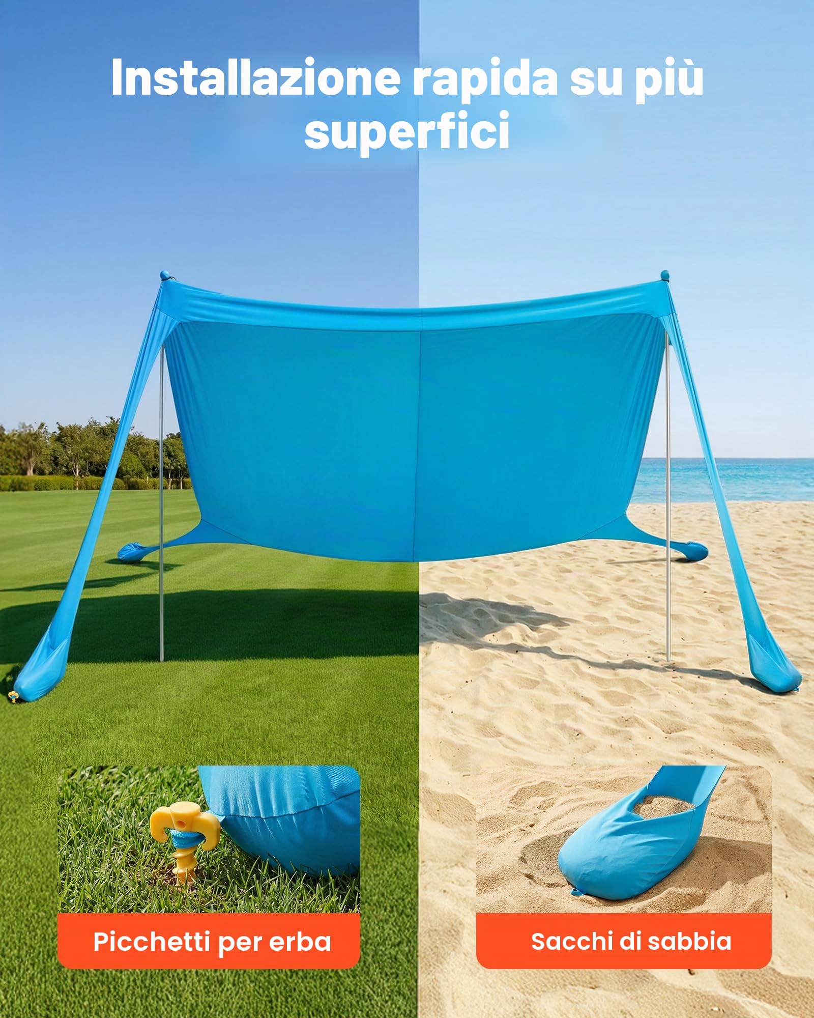 VEVOR Tenda Parasole da Spiaggia per Esterno Protezione Solare UPF50+ con Ancoraggio Dimensioni 3,4 x 3,4 x 2 m, Parasole da Spiaggia con Pali di Supporto Tenda Portatile per Campeggio Viaggio, Blu
