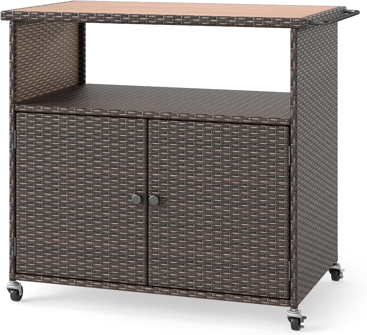 MAT EXPERT PE Rattan Outdoor Storage Cabinet, Wicker Buffet Cabinet w/Acacia Wood Countertop, Open Compartment & 2-Door Shelf, Outside Bar Cart w/Lockable Wheels for Kitchen, Garden, Backyard & Pool