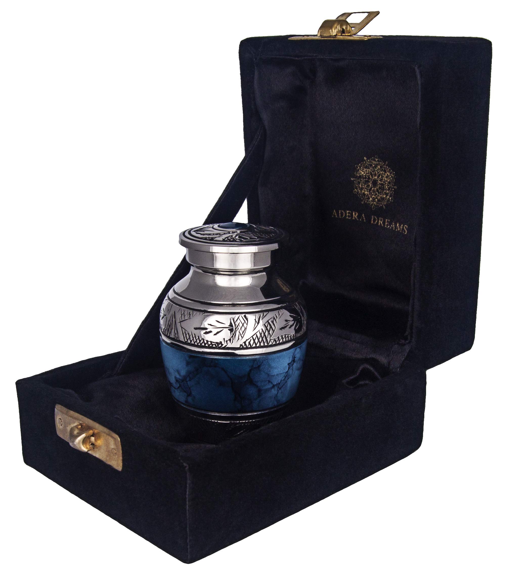 Mini Urns for Human Ashes - Blue Small Cremation Urns - Personal Keepsake Urns - Set of 1 with Premium Case, Funnel and Velvet Carrying Pouches - Miniature Memorial Funeral Urns