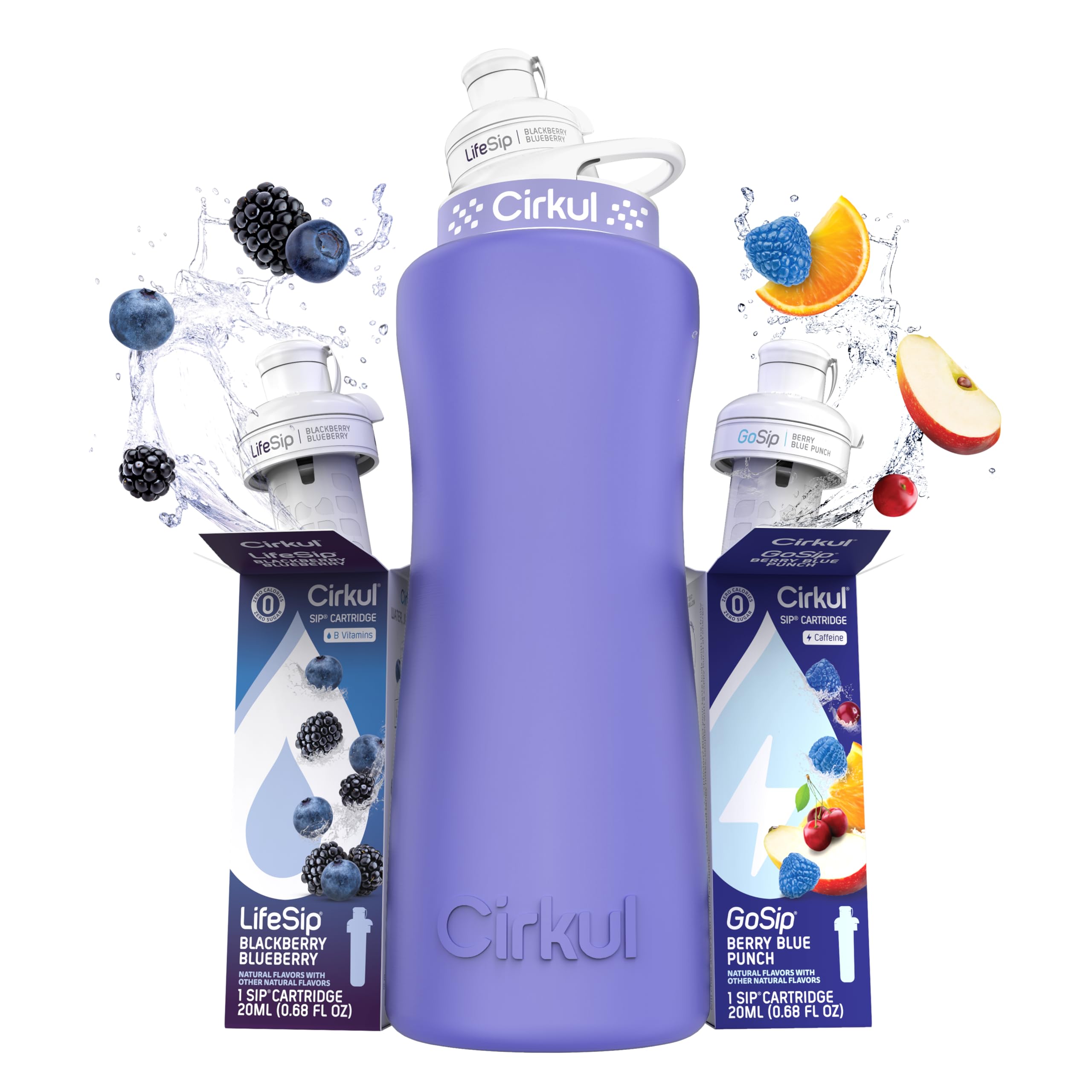 Cirkul32oz. Matte Periwinkle Stainless Steel Water Bottle Starter Kit with Periwinkle Lid, 2 Flavor Cartridges (1 LifeSip Blackberry Blueberry, 1 GoSip Berry Blue Punch) Zero Calories and No Sugar