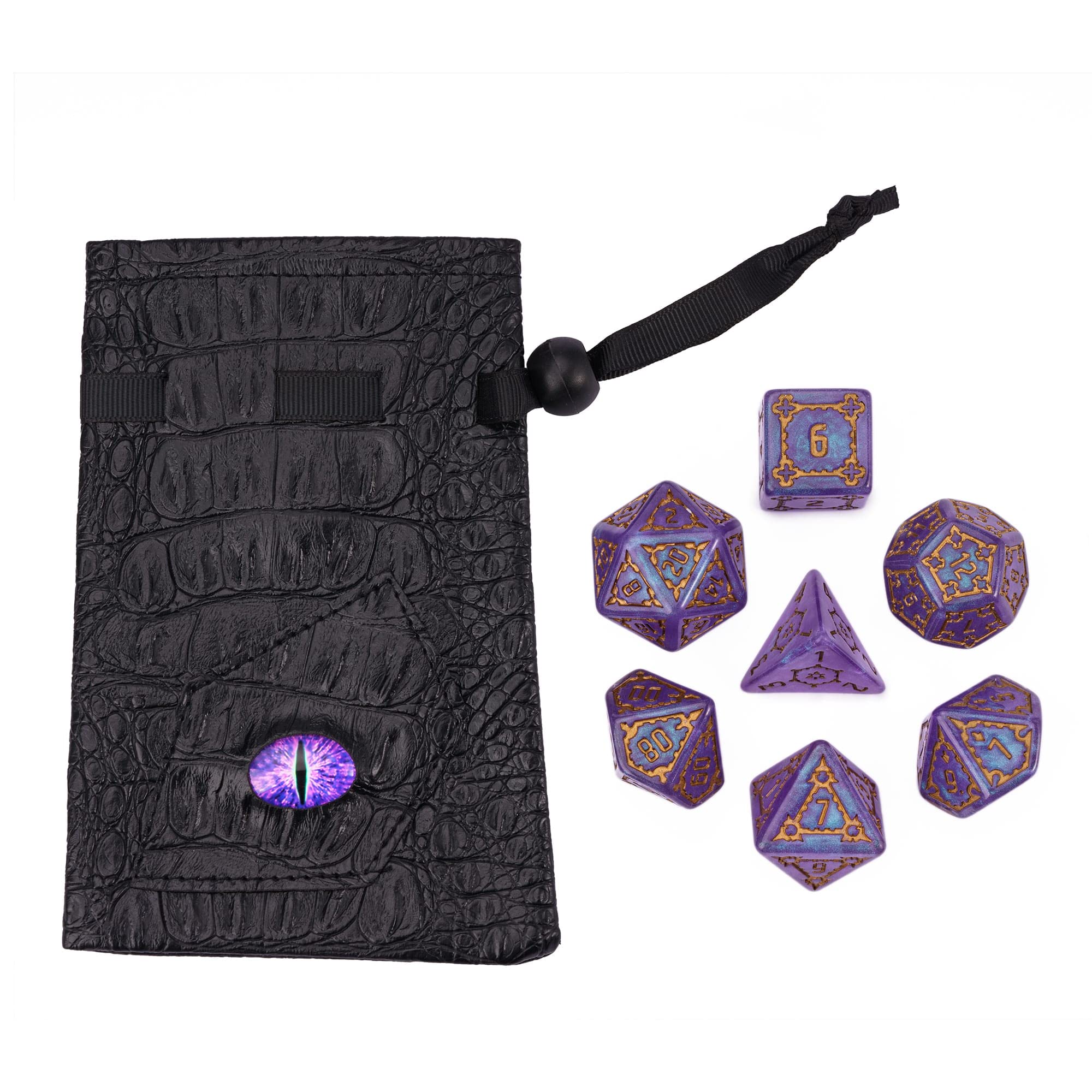 cusdie 7 Pcs 25mm Giant DND Dice with Dragon Eye Dice Bag, Polyhedral Dice Set, D&D Dice for Dungeons and Dragons Pathfinder RPG (Purple)