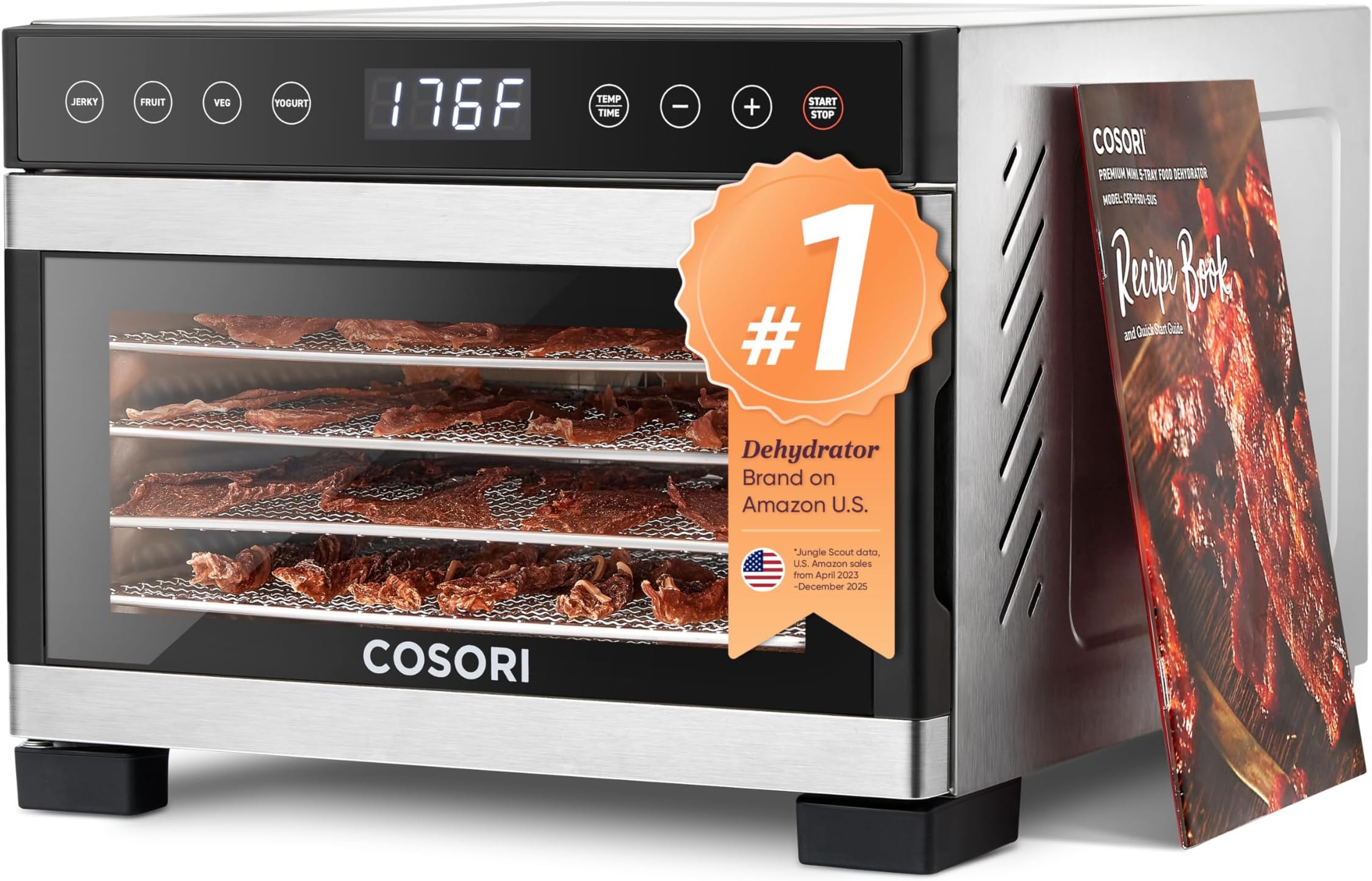 COSORI Food Dehydrator for Jerky, 176°F Temperature Control, 5 Stainless Steel Trays Dryer Machine, 4 Presets, 48H Timer, for Dog Treats, Meat, Fruit, Veggies, Snacks, Recipe Book Included