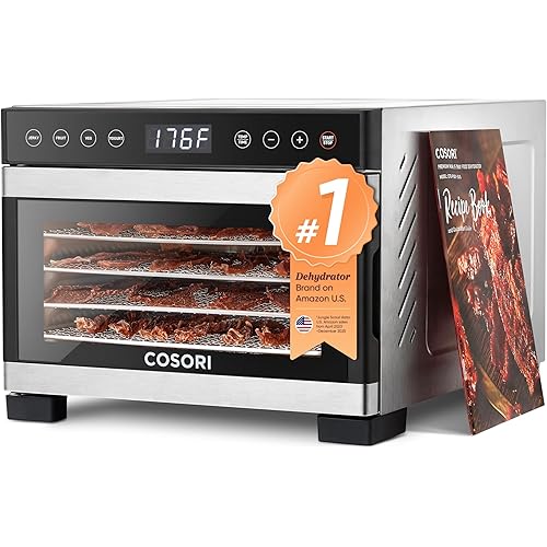 COSORI Food Dehydrator for Jerky, 176°F Temperature Control, 5 Stainless Steel Trays Dryer Machine, 4 Presets, 48H Timer, for Dog Treats, Meat, Fruit, Veggies, Snacks,Bright-Silver