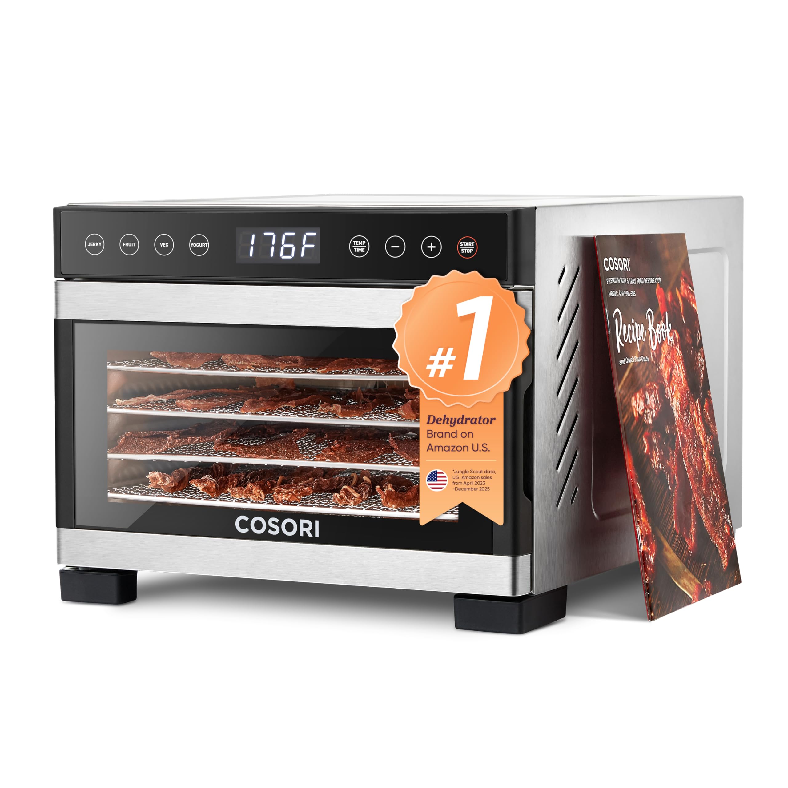 COSORI Food Dehydrator for Jerky, 176°F Temperature Control, 5 Stainless Steel Trays Dryer Machine, 4 Presets, 48H Timer, for Dog Treats, Meat, Fruit, Veggies, Snacks,Bright-Silver