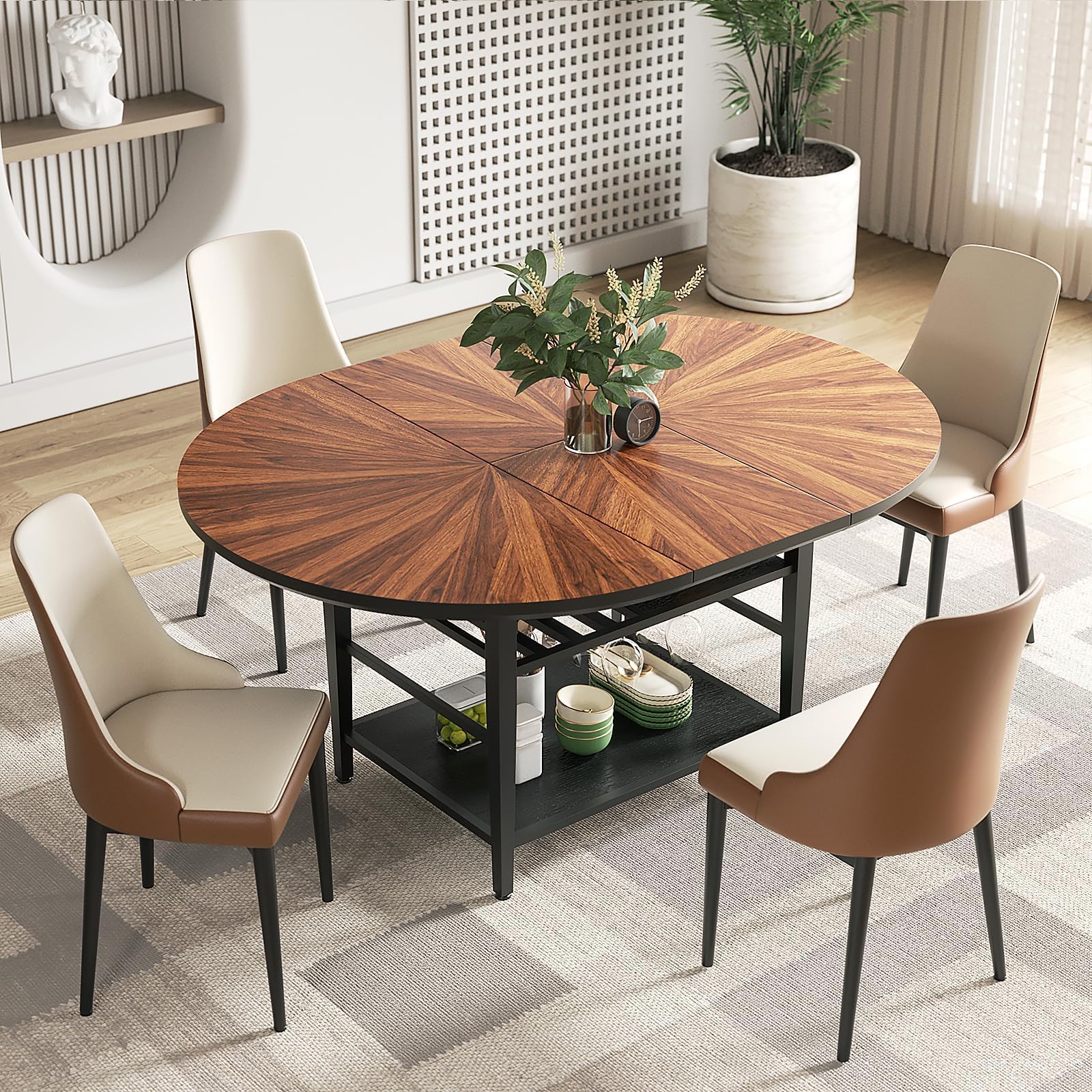 - 47.2"-63" Extendable Round Dining Table Set for 4–6, Solid Wood & Metal Table with Wine Rack Storage Shelf, Walnut Kitchen Furniture with 4 Upholstered Chairs (Storage Table and 4 Brown Chairs)