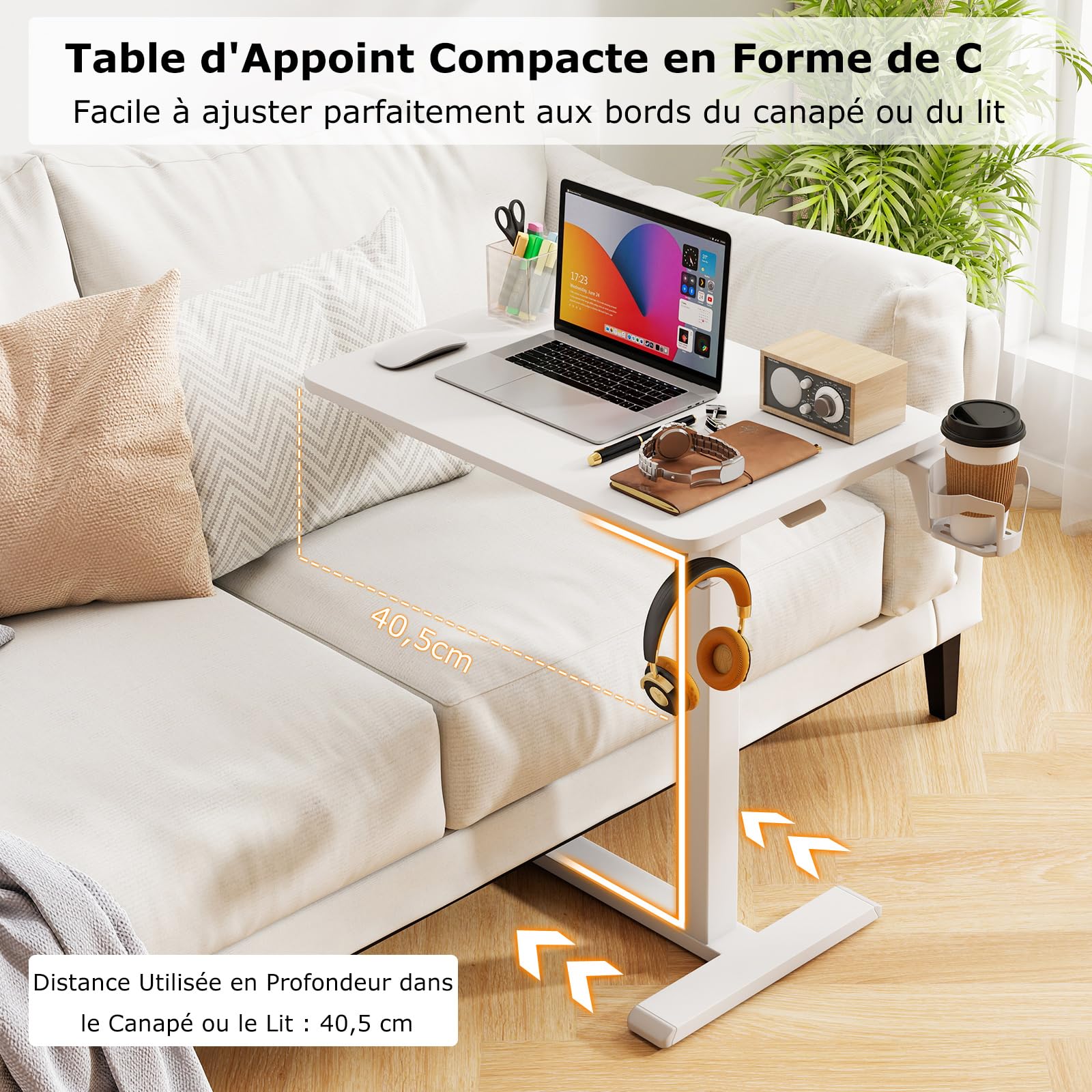 COSTWAY Table de Lit pour Ordinateur Portable, Table Roulante pour Lit, Bureau Pneumatique Réglable en Continu 65,5-100 CM, Porte-Gobelet, Crochet pour Écouteurs, pour Soin, Chambre, Bureau (Blanc)