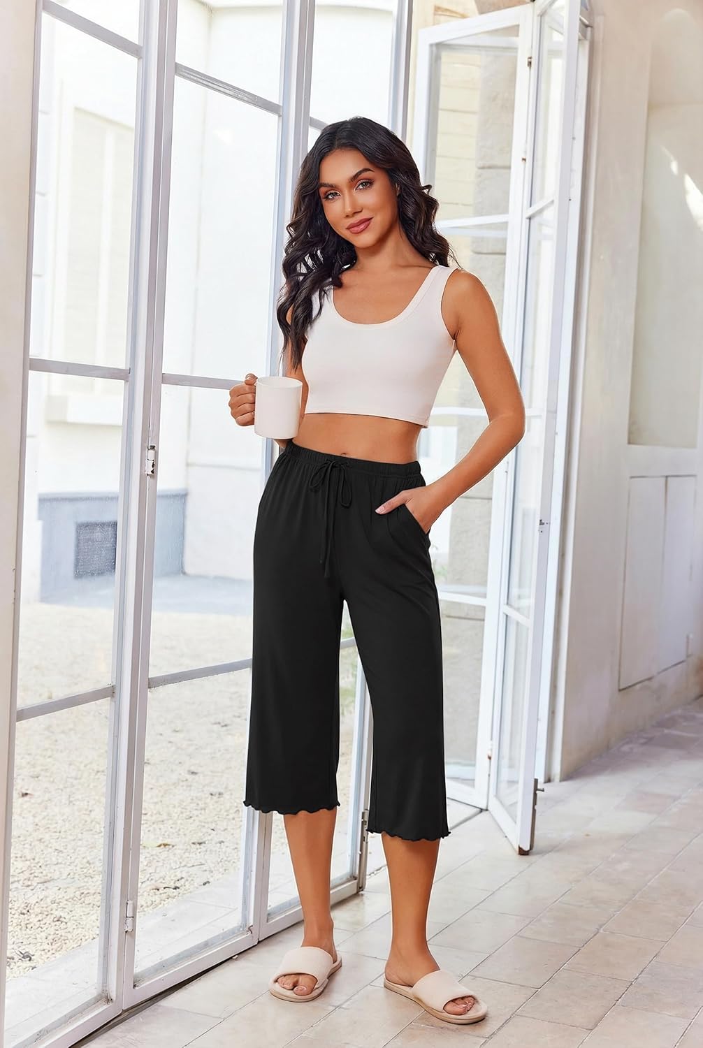Ekouaer 3 Pack Women Capri Pajama Pants 2026 Ruffle hem Lounge Pants Drawstring Pj Bottoms with Pockets - Image 2