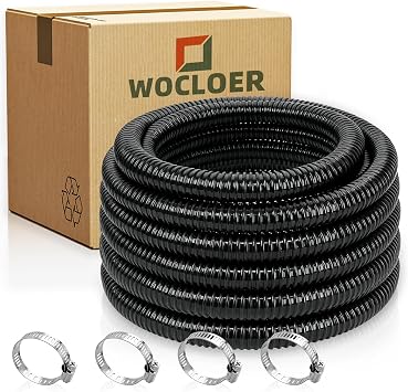 Corrugated Pond Tubing 1" 10ft Heavy-Duty Kinkproof PVC Pond Hose for Pumps, Waterfalls & Water Gardens, Flexible Reinforced Black Tube with 4 Stainless Steel Clamps